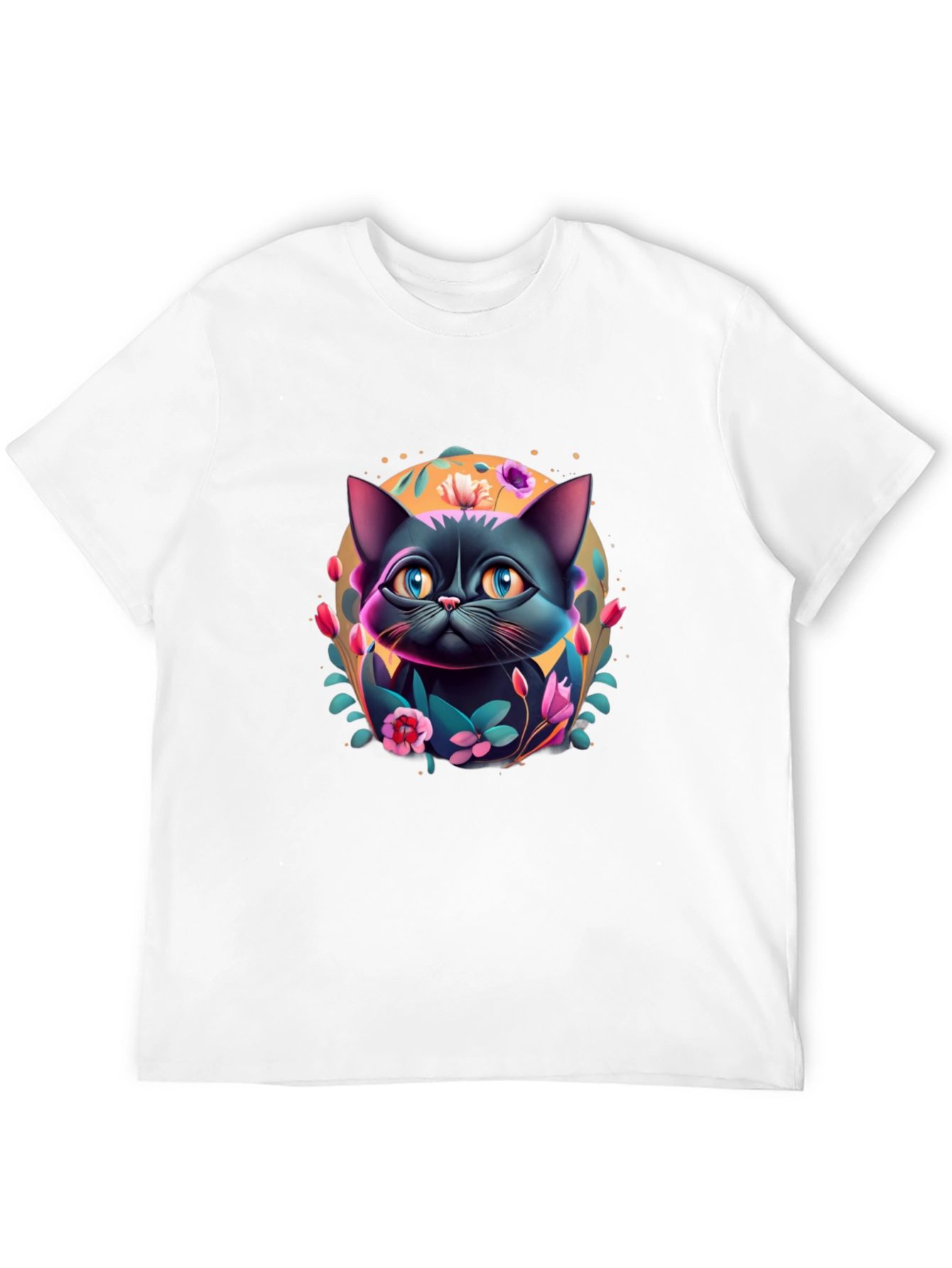 Floral Cat Graphic T-Shirt - Black