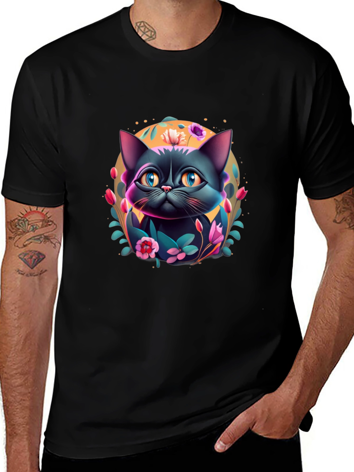 Floral Cat Graphic T-Shirt - Black