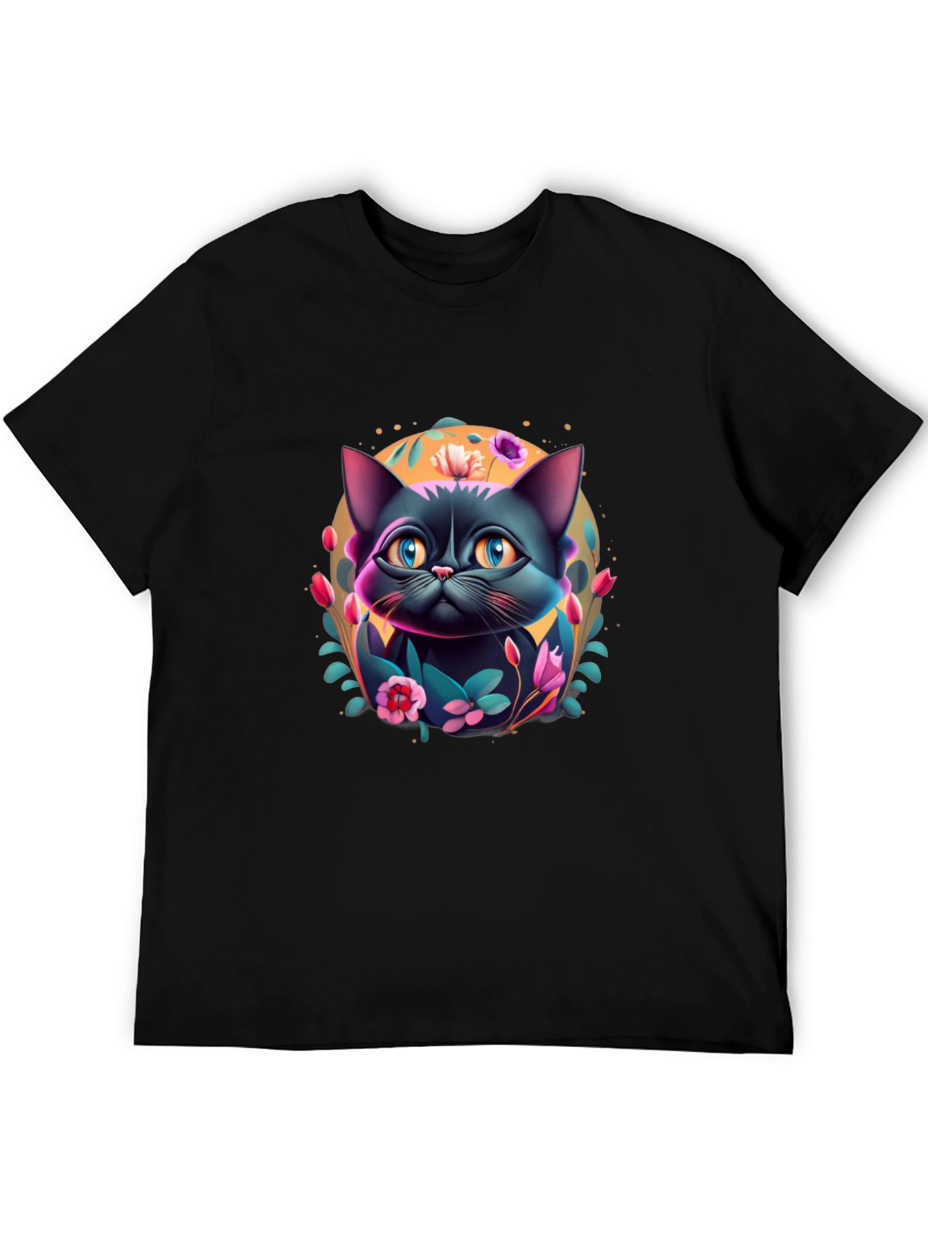Floral Cat Graphic T-Shirt - Black