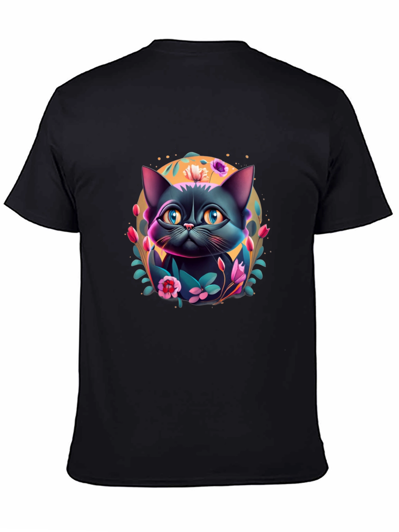 Floral Cat Graphic T-Shirt - Black