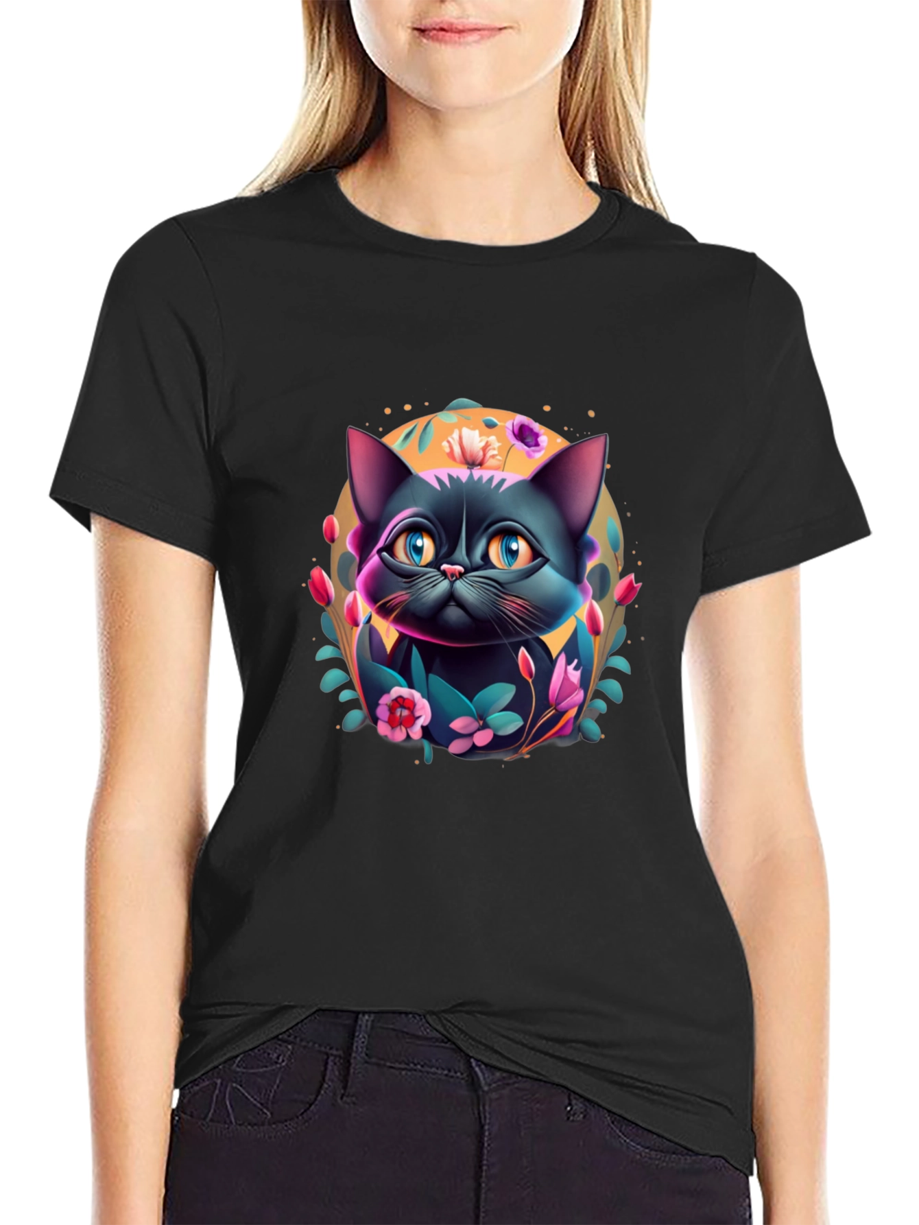 Floral Cat Graphic T-Shirt - Black