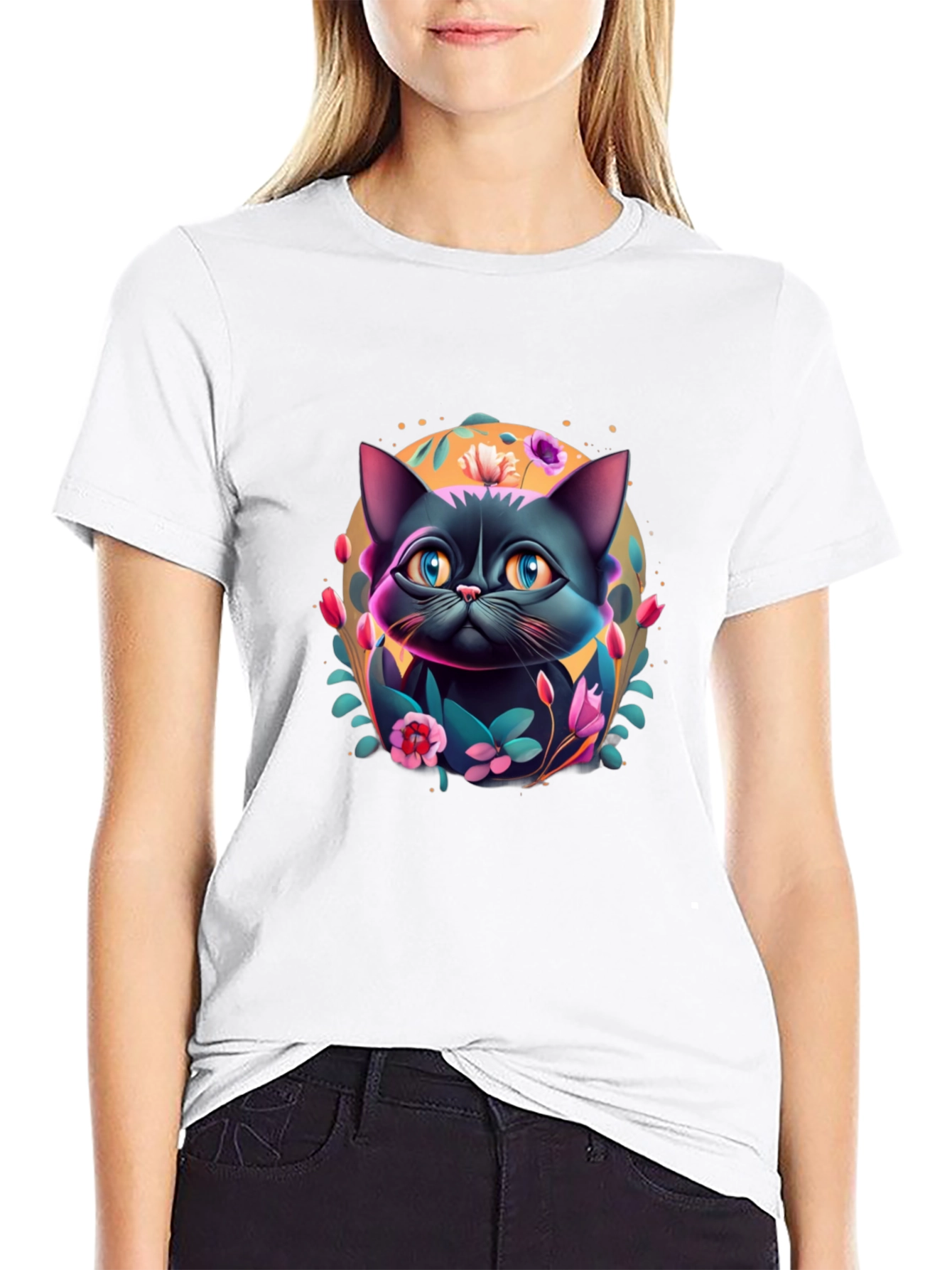Floral Cat Graphic T-Shirt - Black