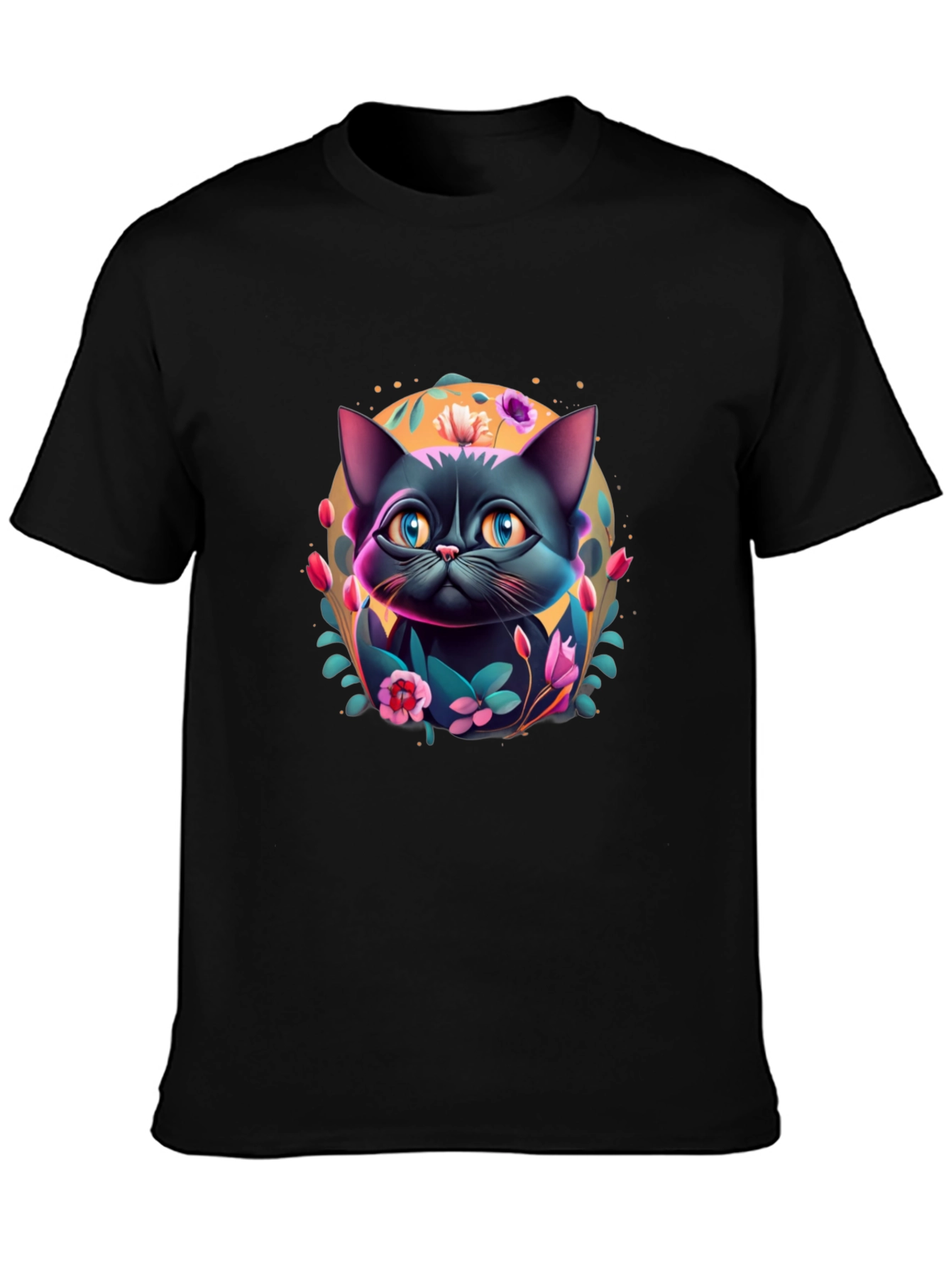 Floral Cat Graphic T-Shirt - Black