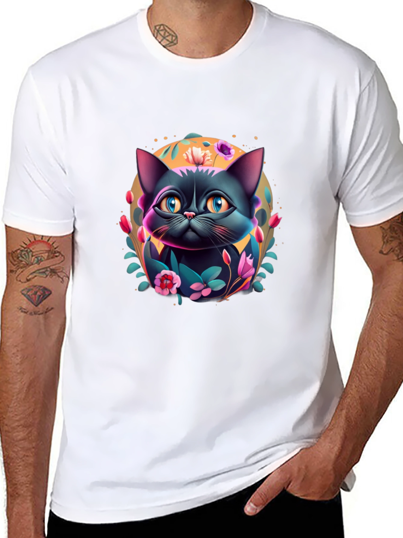 Floral Cat Graphic T-Shirt - Black