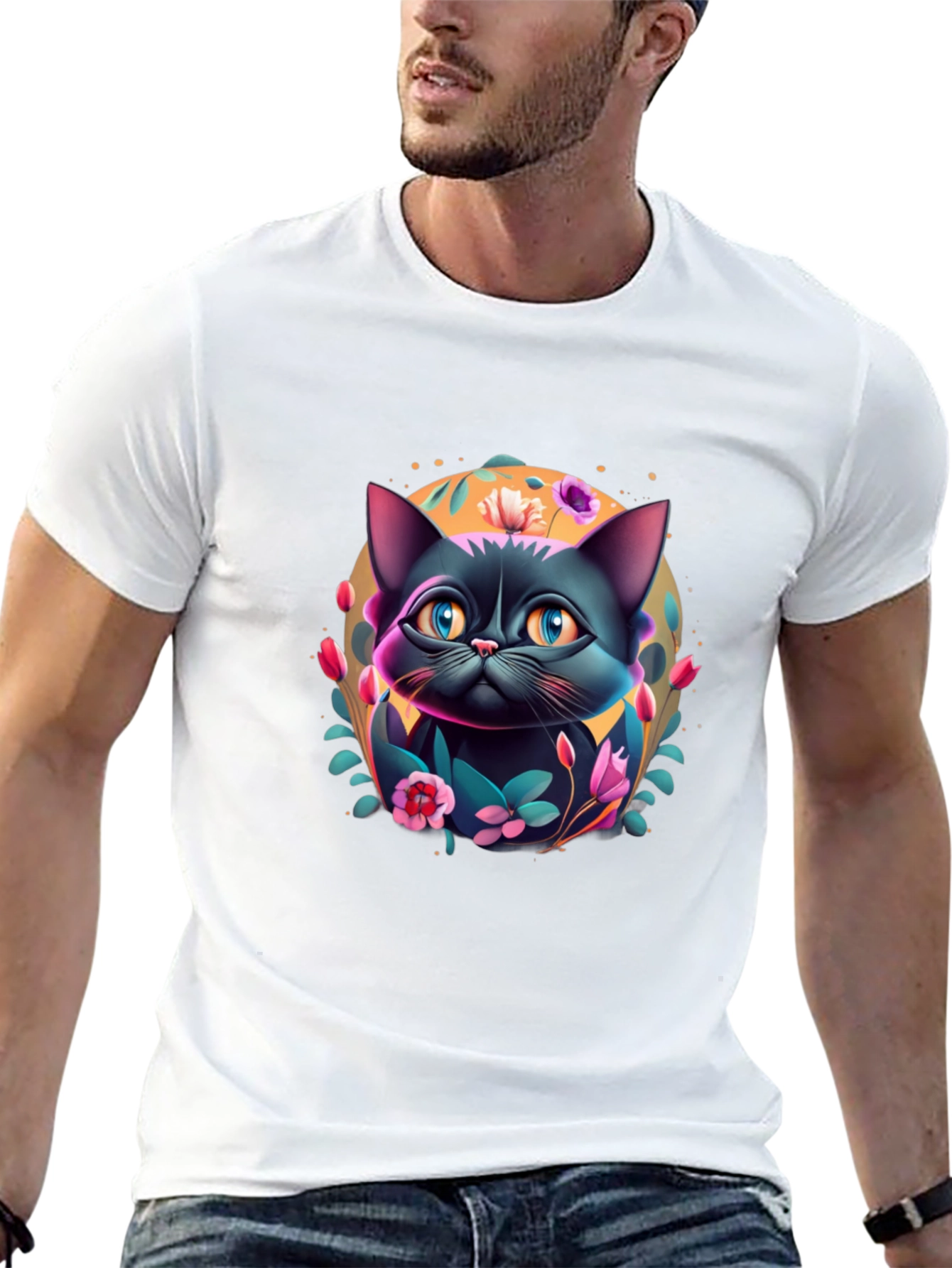 Floral Cat Graphic T-Shirt - Black