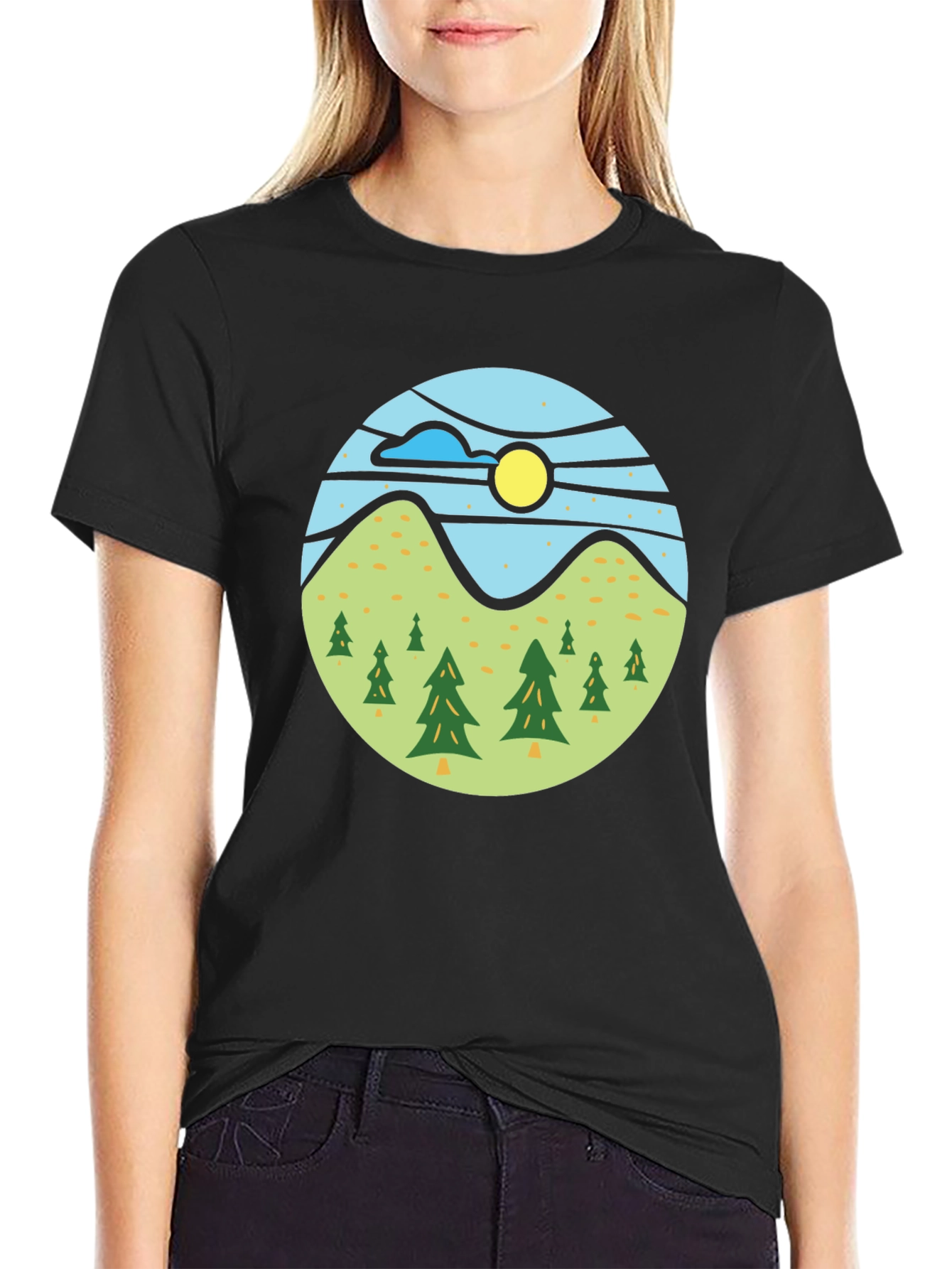 Nature Scene Graphic Tee - Black Casual T-Shirt