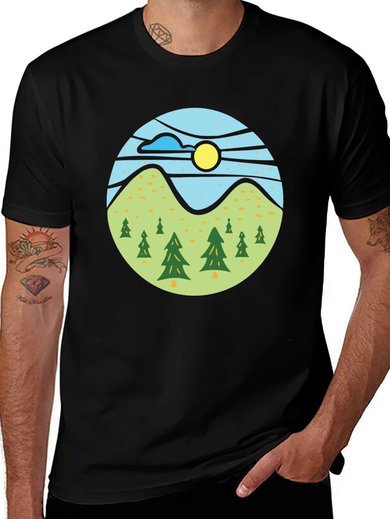 Nature Scene Graphic Tee - Black Casual T-Shirt
