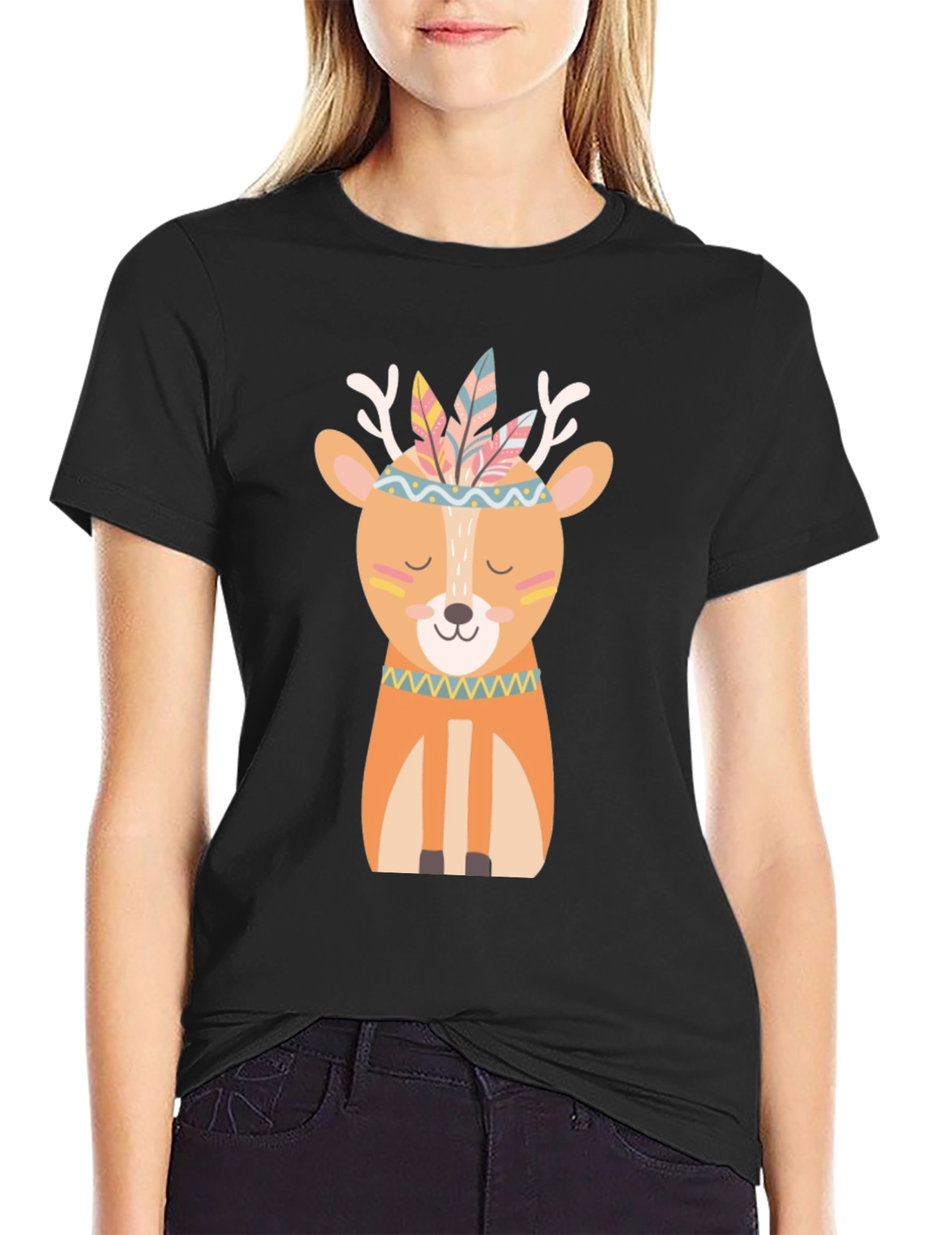 Deer with Feathers T-Shirt - Cute Cartoon Design