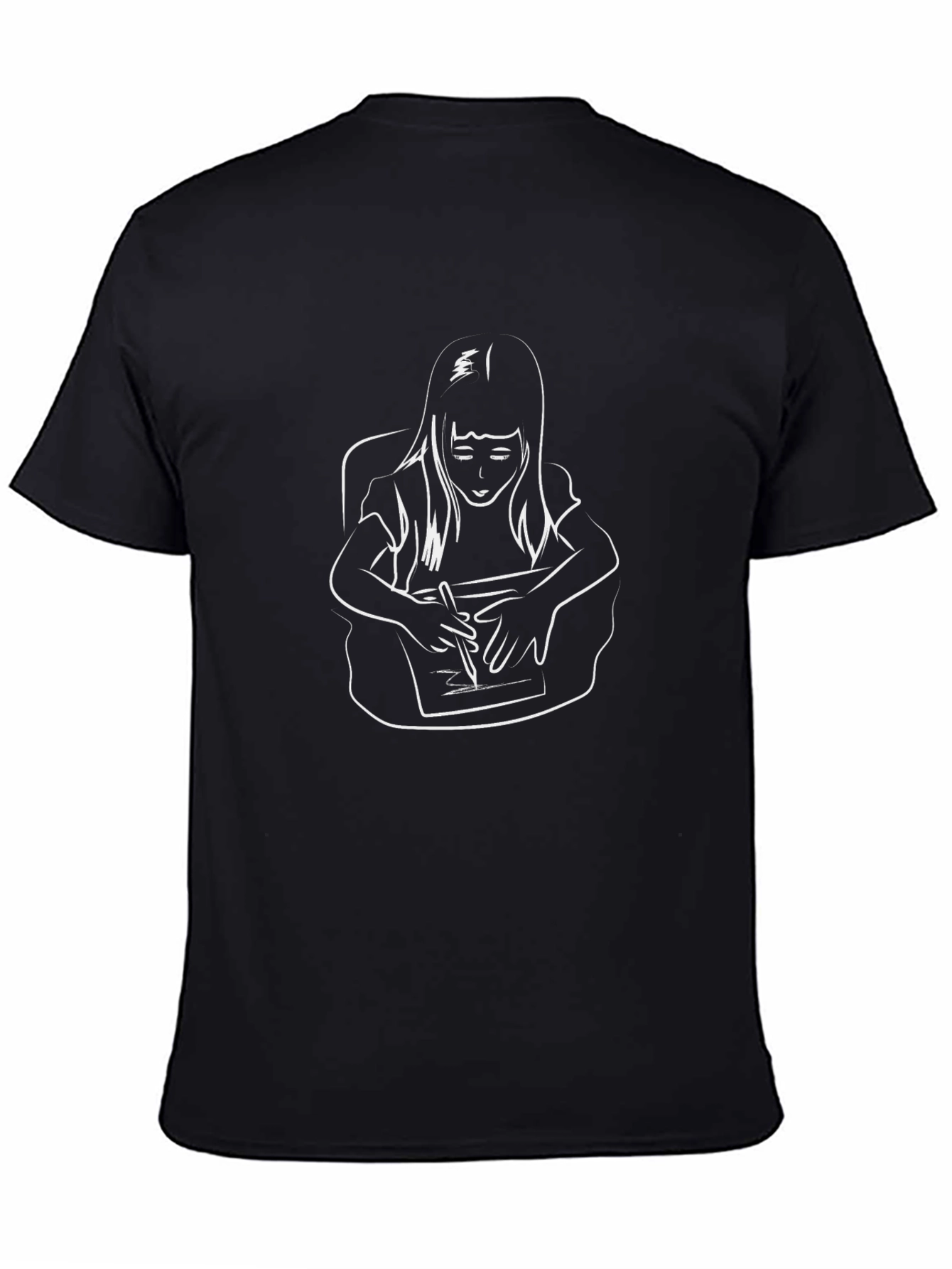 Girl Writing Line Art Black T-Shirt
