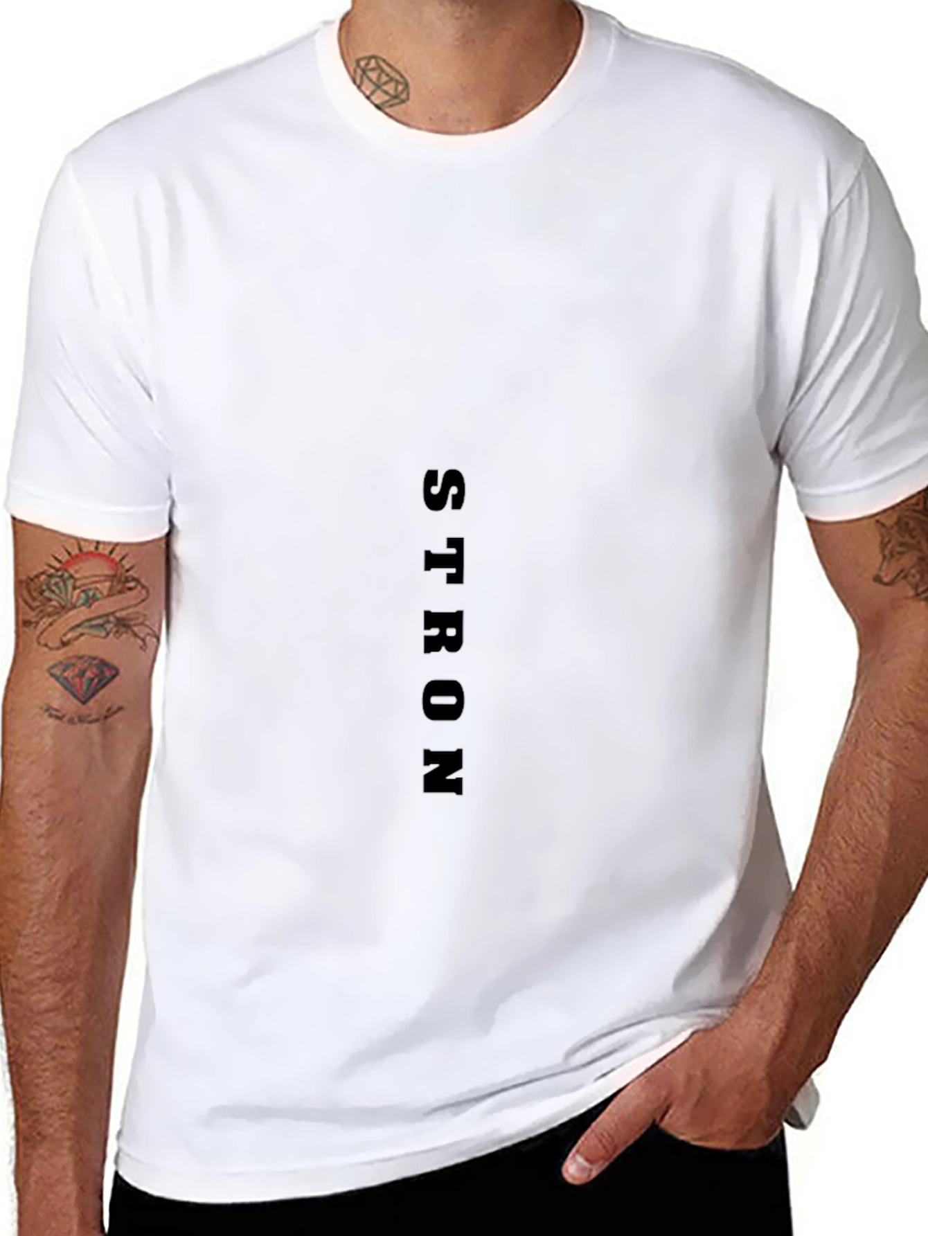 Black T-Shirt: STRON Vertical Print Casual Wear