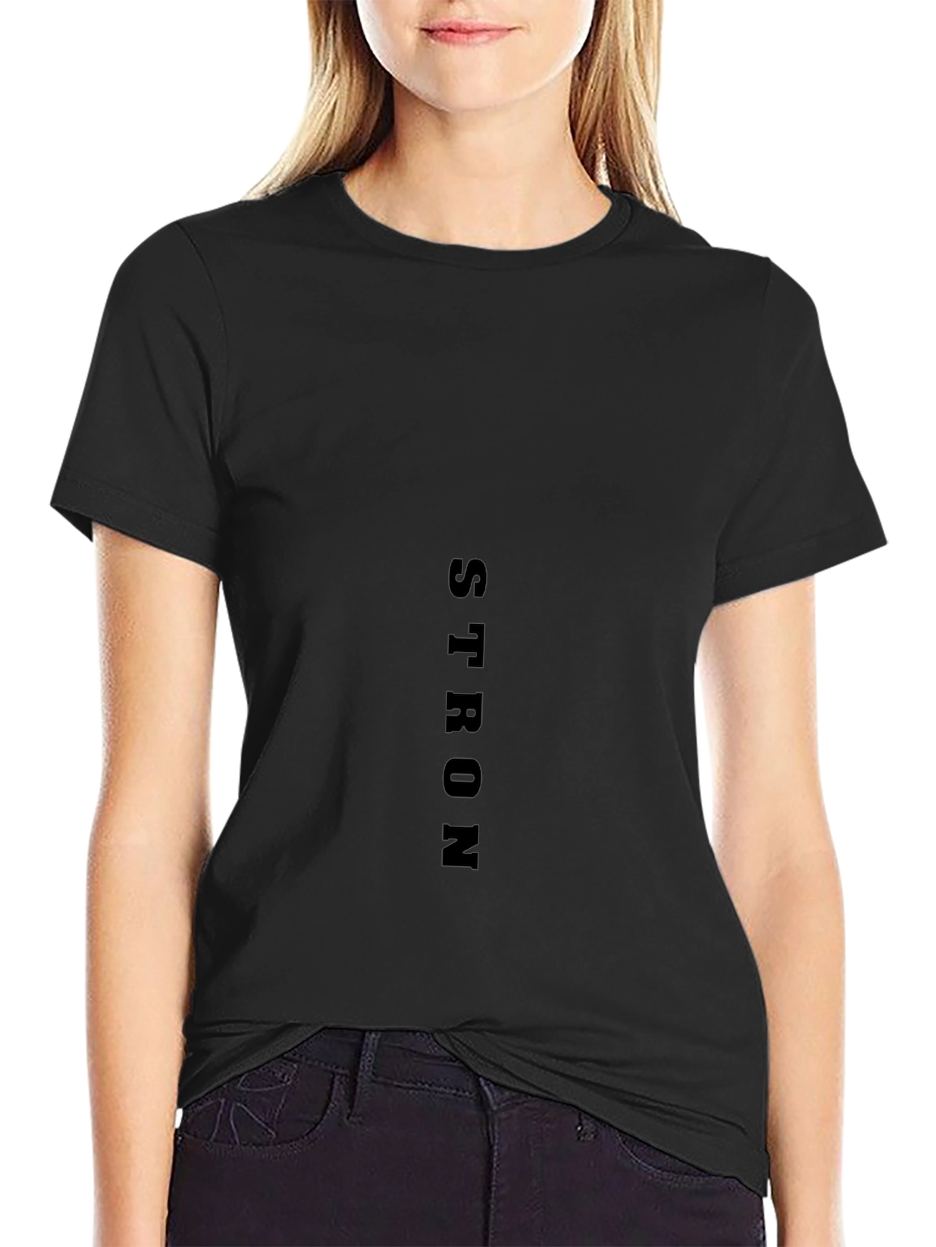 Black T-Shirt: STRON Vertical Print Casual Wear