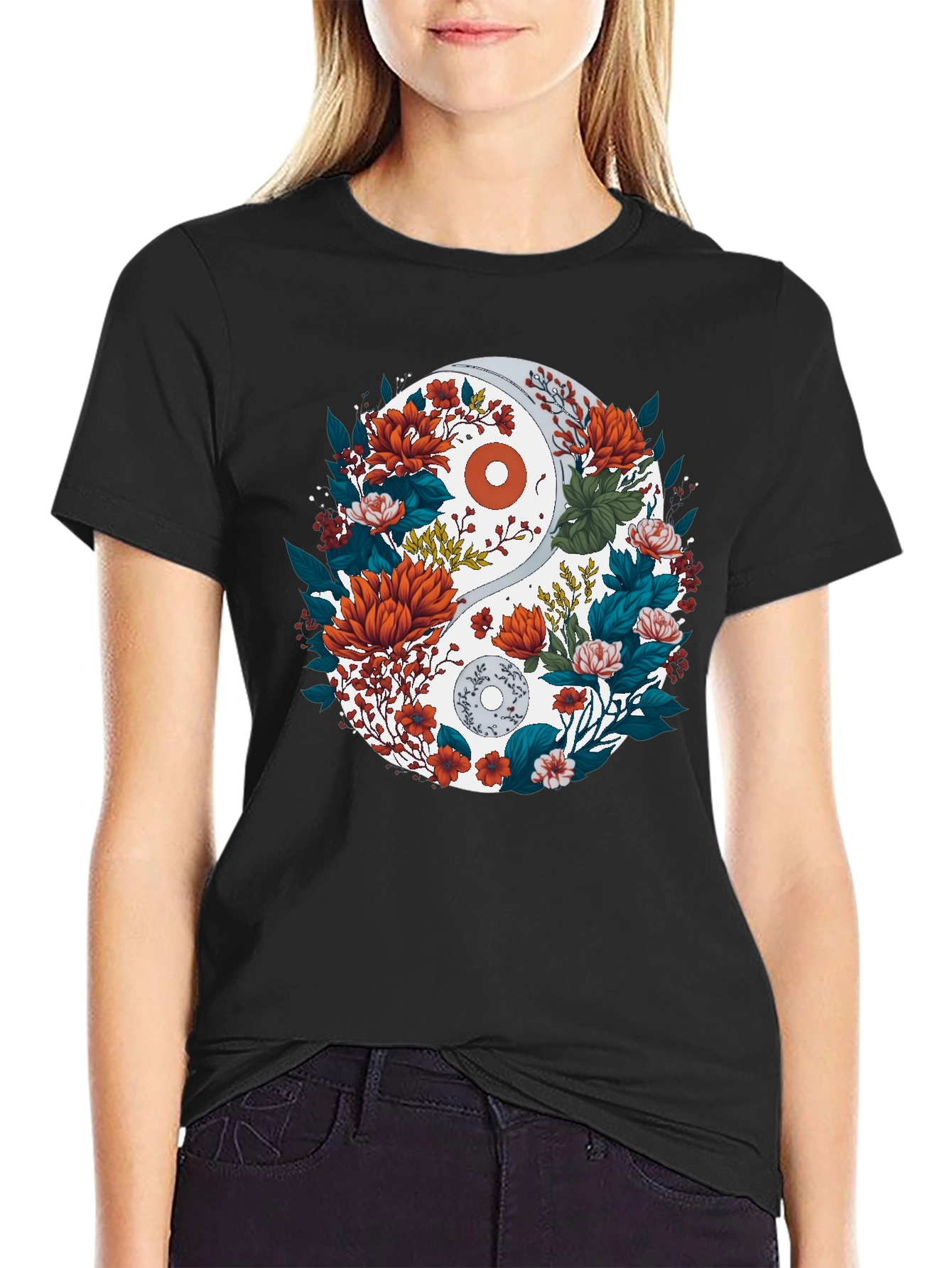 Yin Yang Floral Graphic Tee - Black