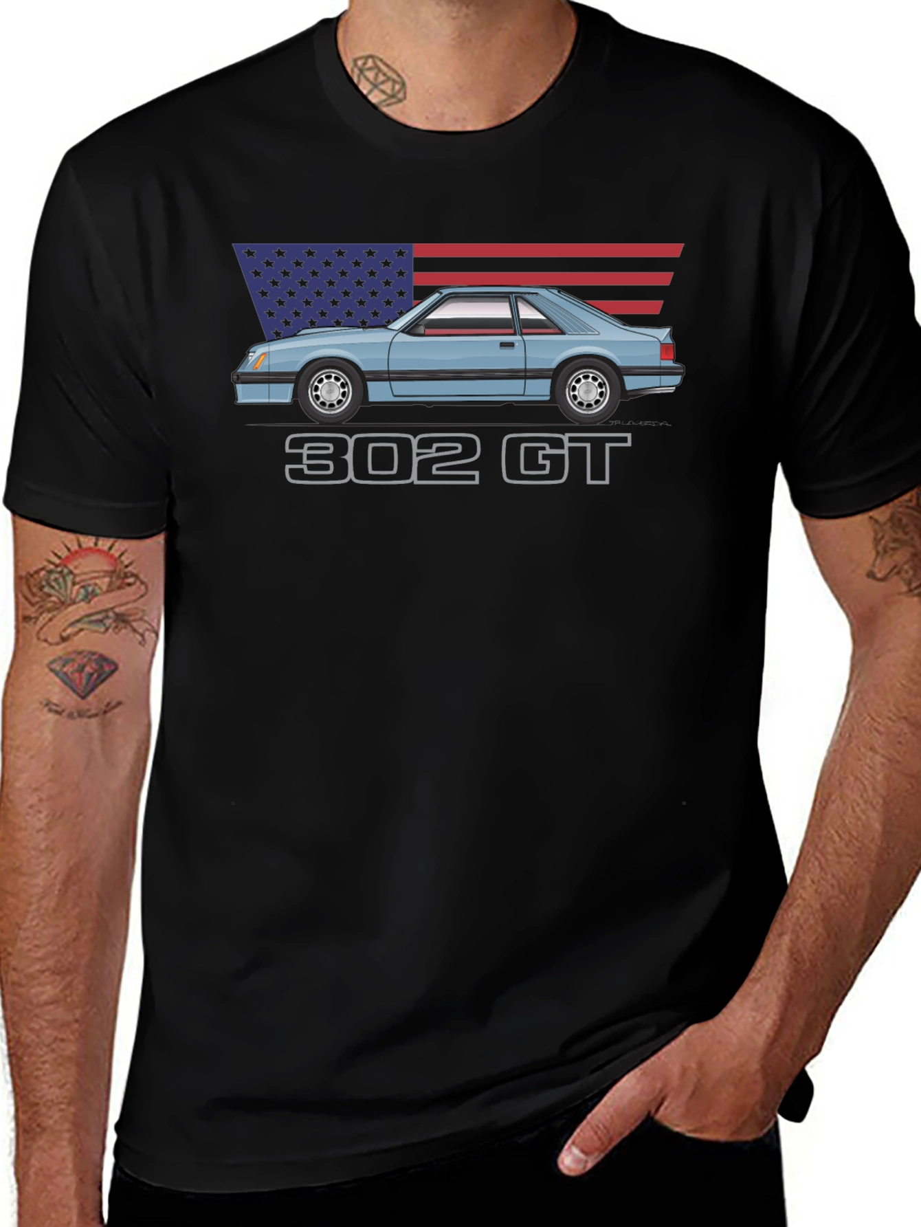 302 GT American Flag T-Shirt - Classic Car Tee