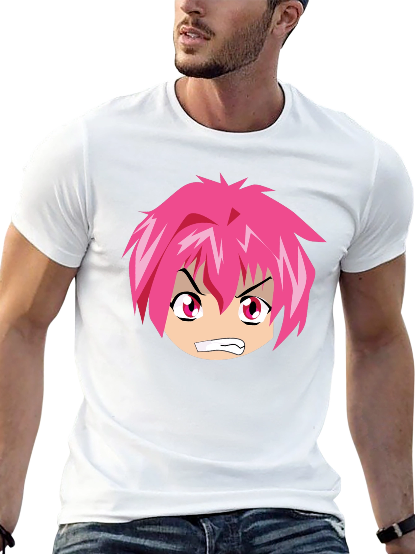 Anime Graphic Tee - Angry Pink Hair Character