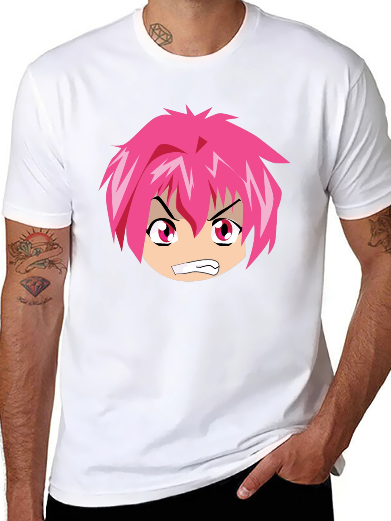 Anime Graphic Tee - Angry Pink Hair Character