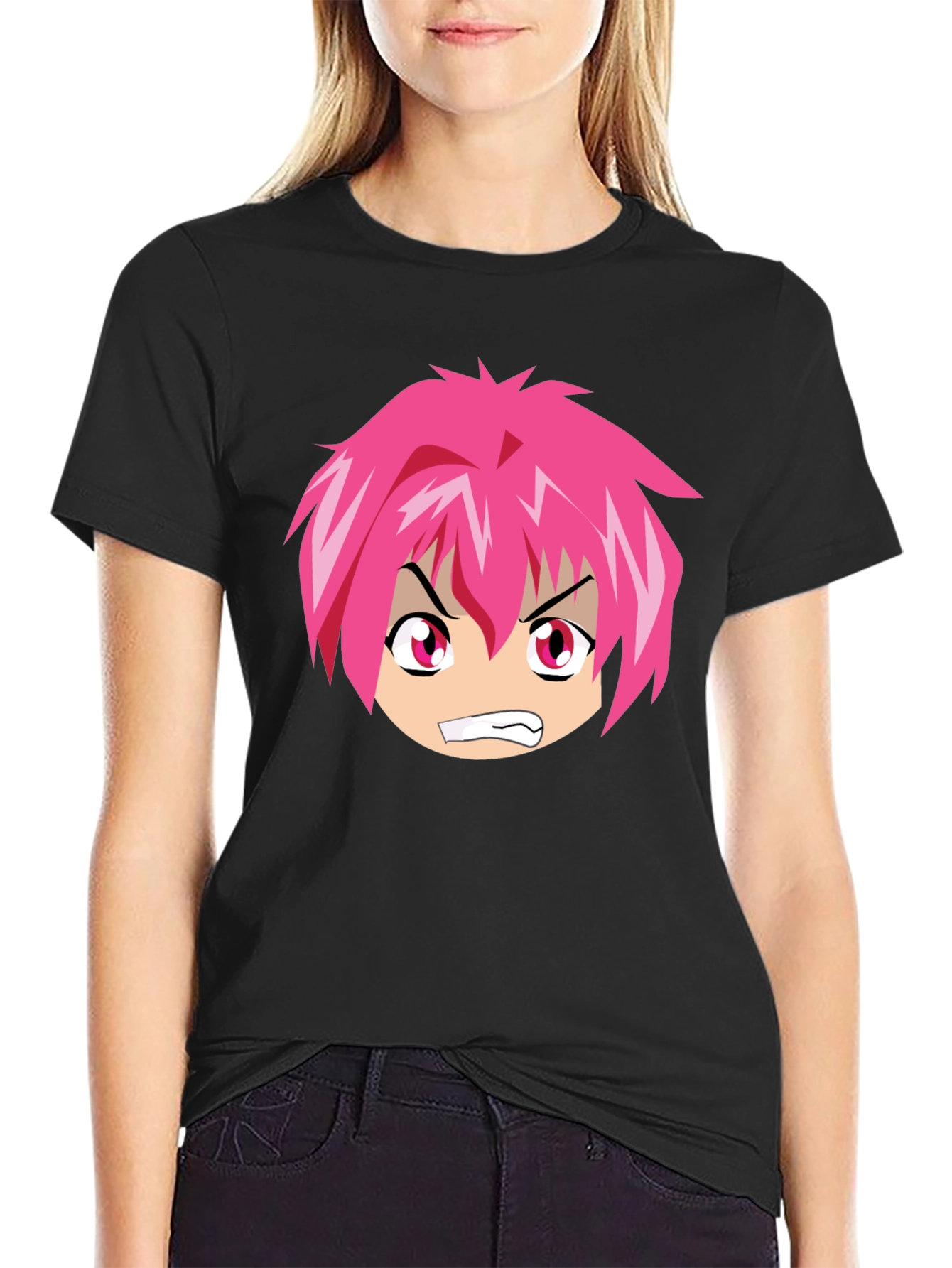 Anime Graphic Tee - Angry Pink Hair Character