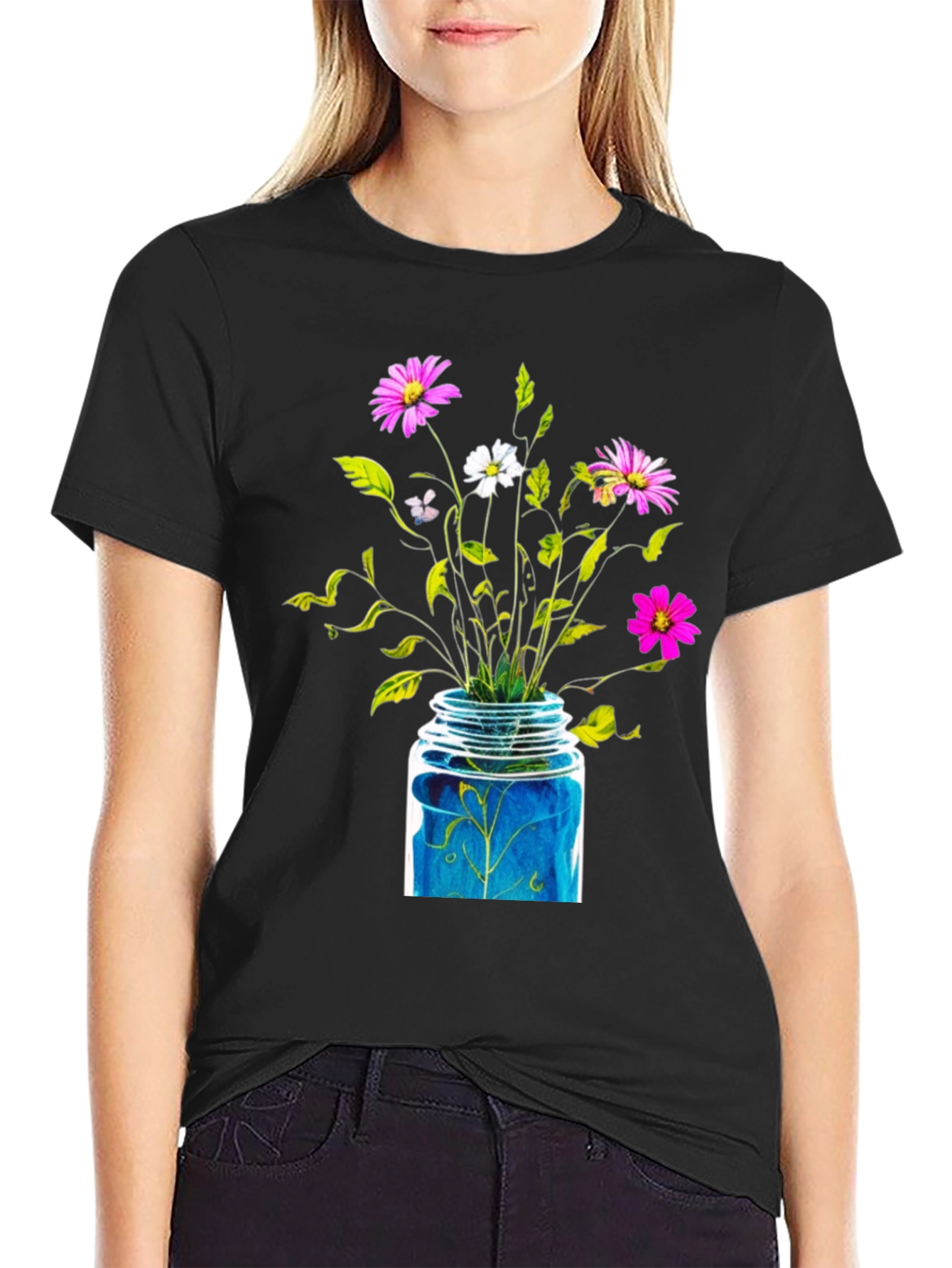 Floral Jar Graphic Tee - Black Cotton T-Shirt