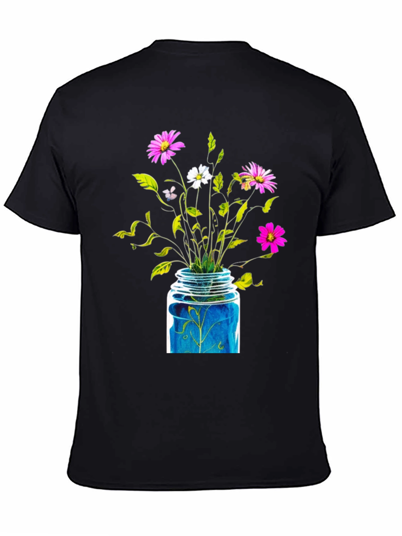 Floral Jar Graphic Tee - Black Cotton T-Shirt