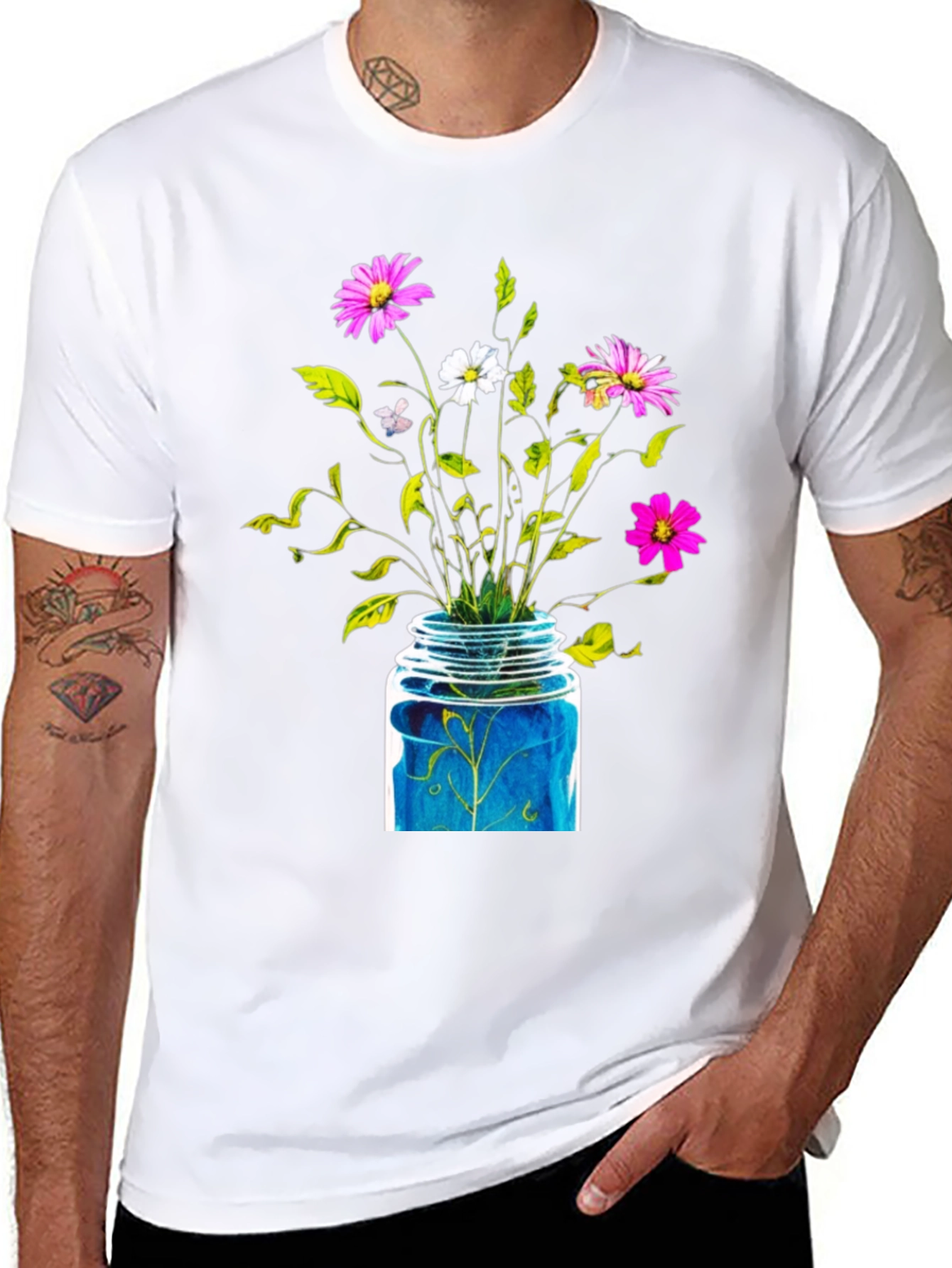 Floral Jar Graphic Tee - Black Cotton T-Shirt