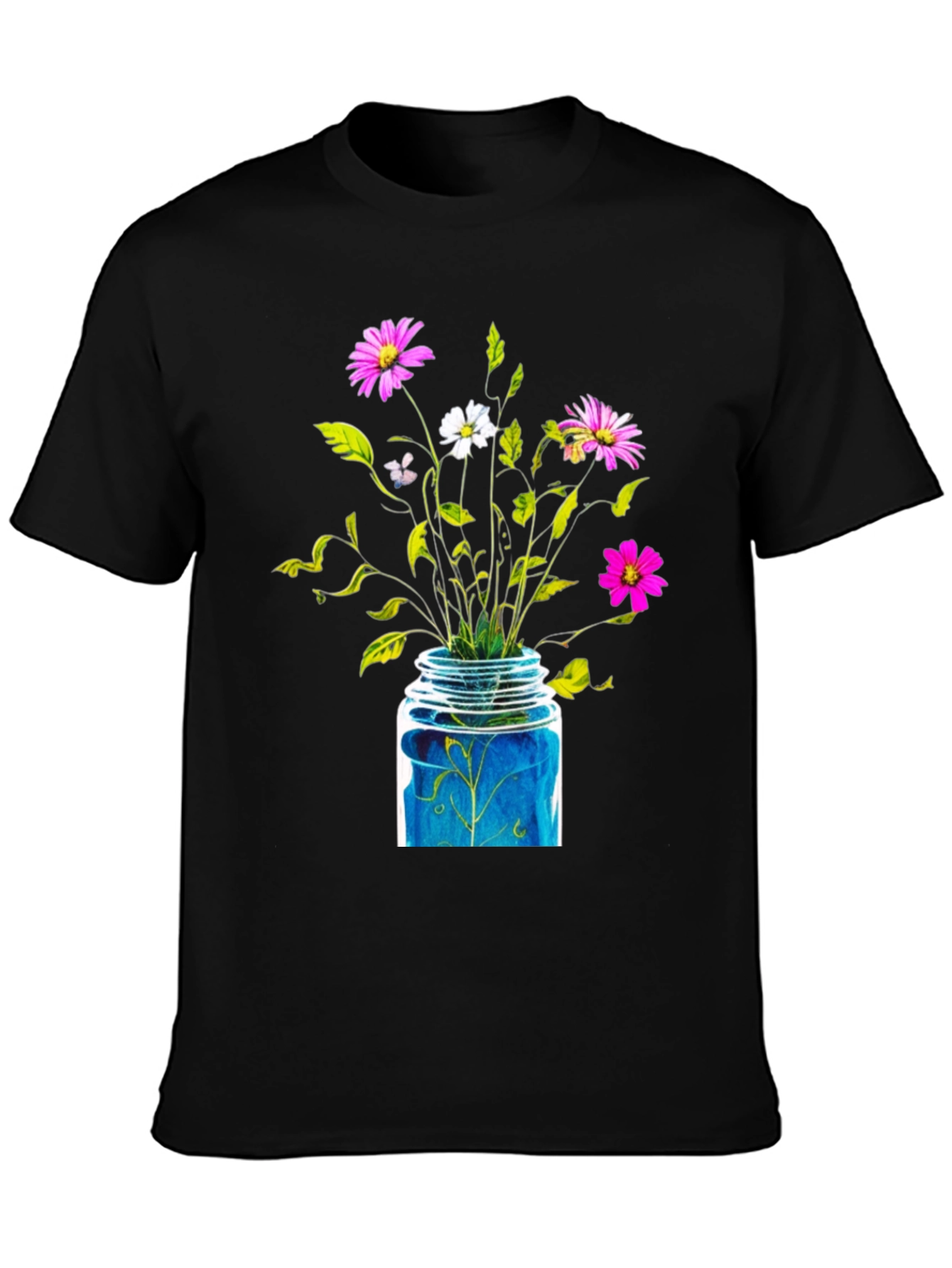 Floral Jar Graphic Tee - Black Cotton T-Shirt