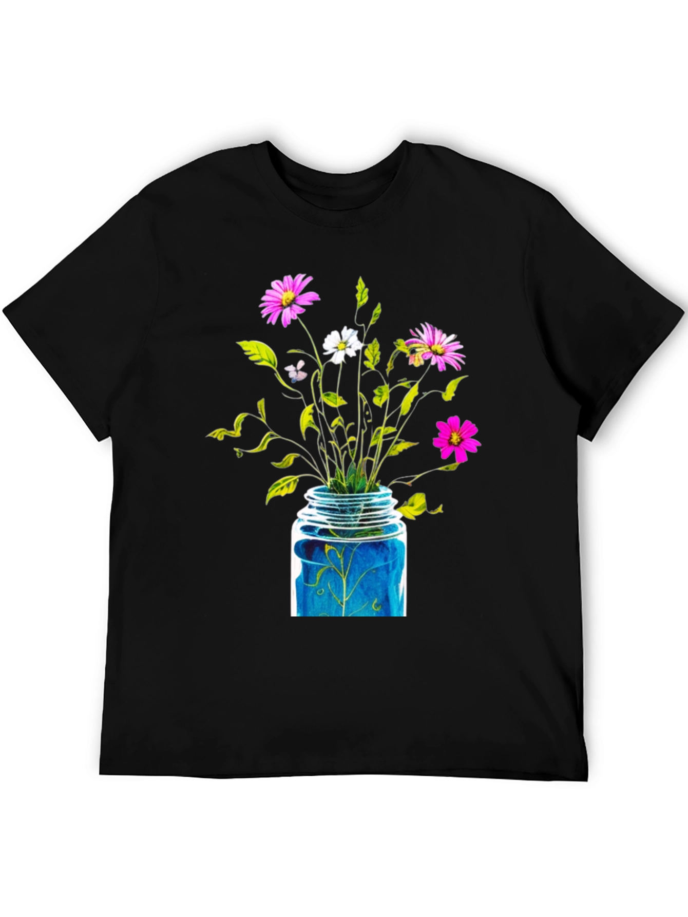 Floral Jar Graphic Tee - Black Cotton T-Shirt