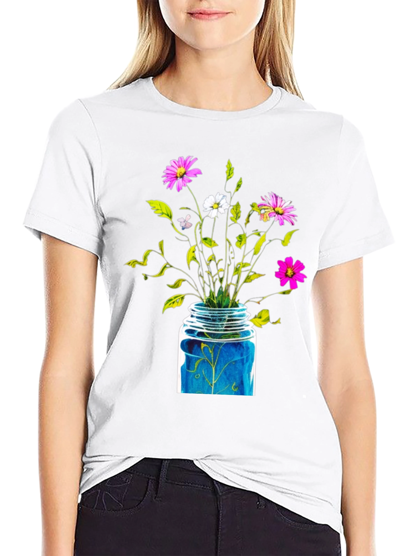 Floral Jar Graphic Tee - Black Cotton T-Shirt