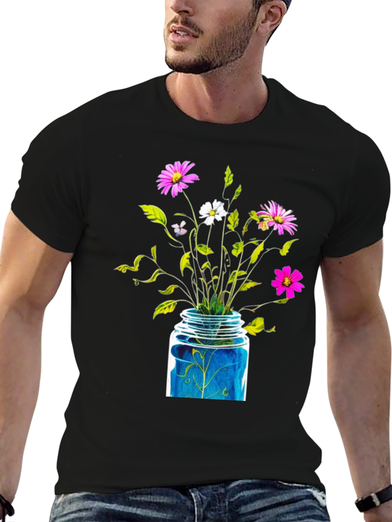 Floral Jar Graphic Tee - Black Cotton T-Shirt