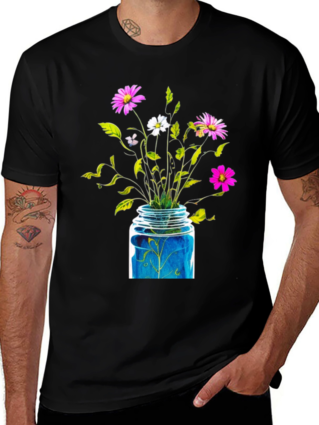 Floral Jar Graphic Tee - Black Cotton T-Shirt