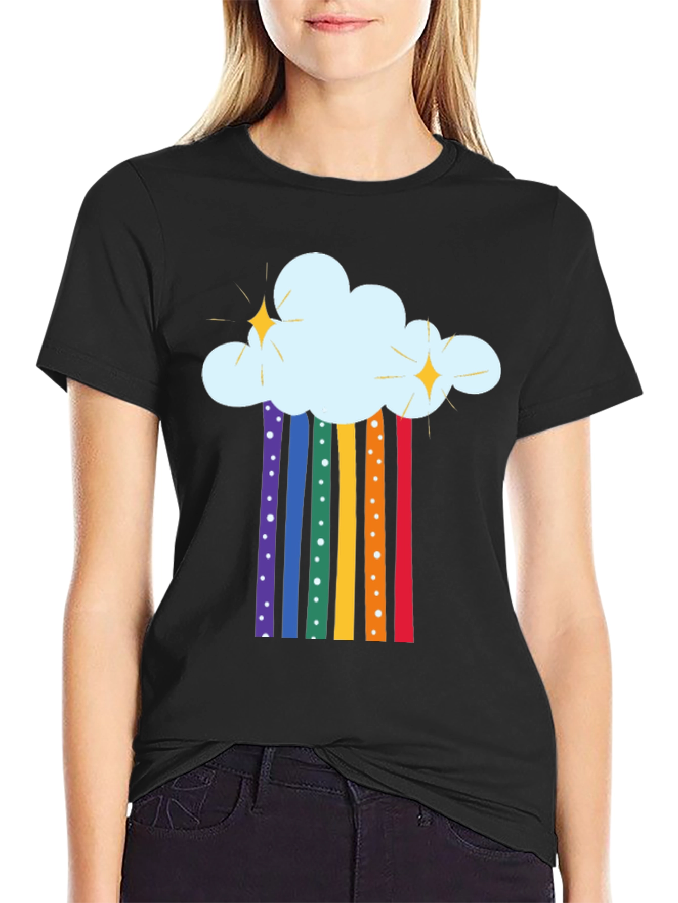 Rainbow Cloud Graphic Tee - Black Cotton T-Shirt