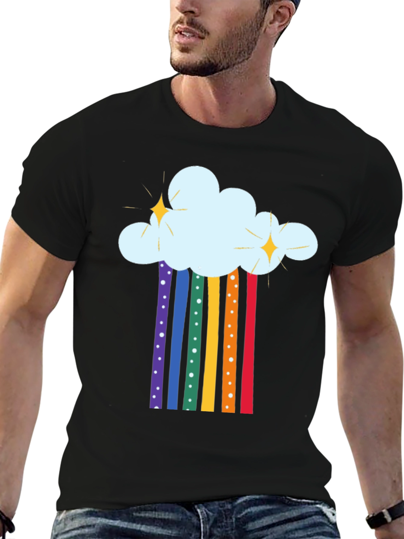 Rainbow Cloud Graphic Tee - Black Cotton T-Shirt