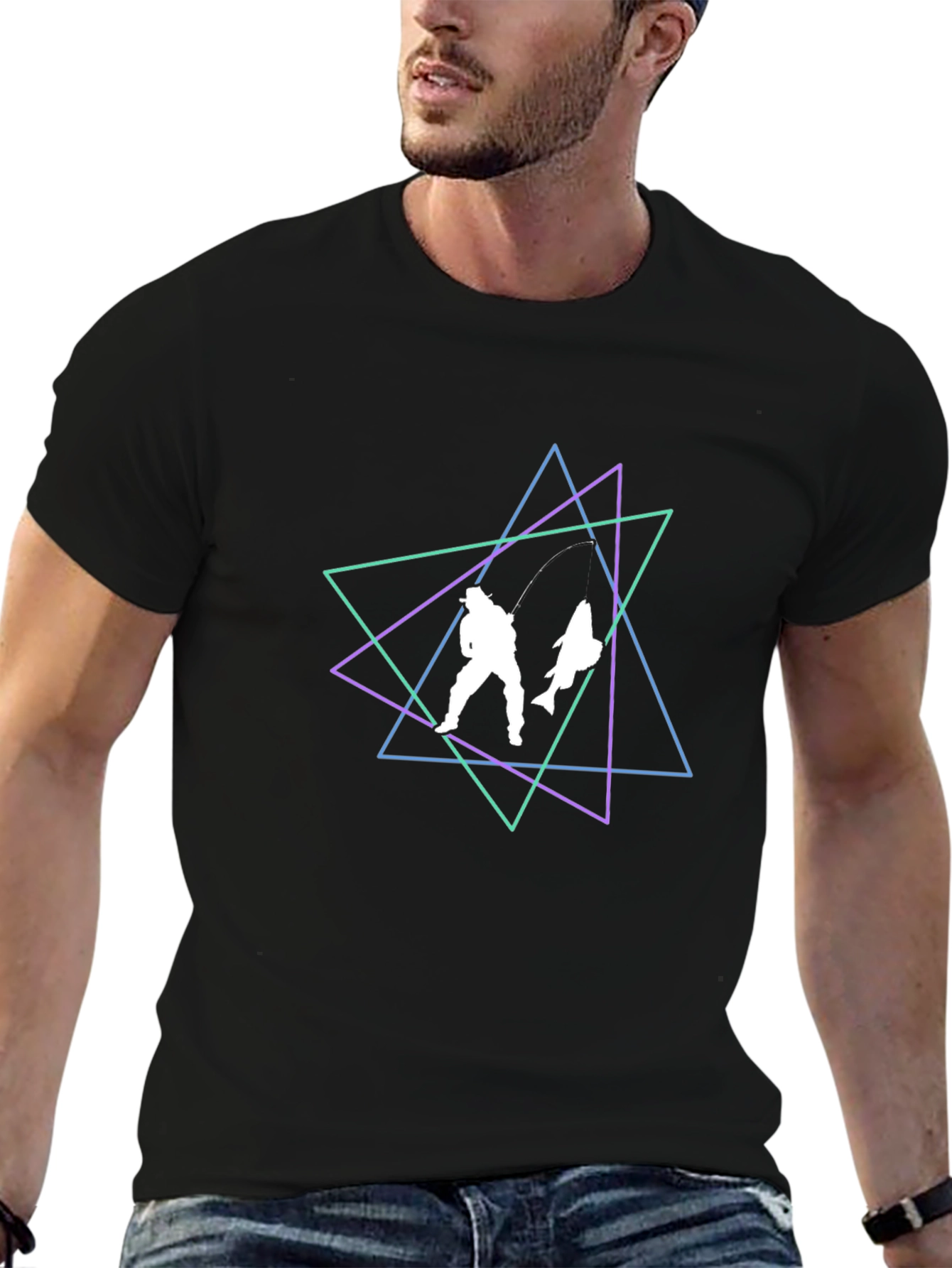 Geometric Fishing T-Shirt - Black Cotton Blend
