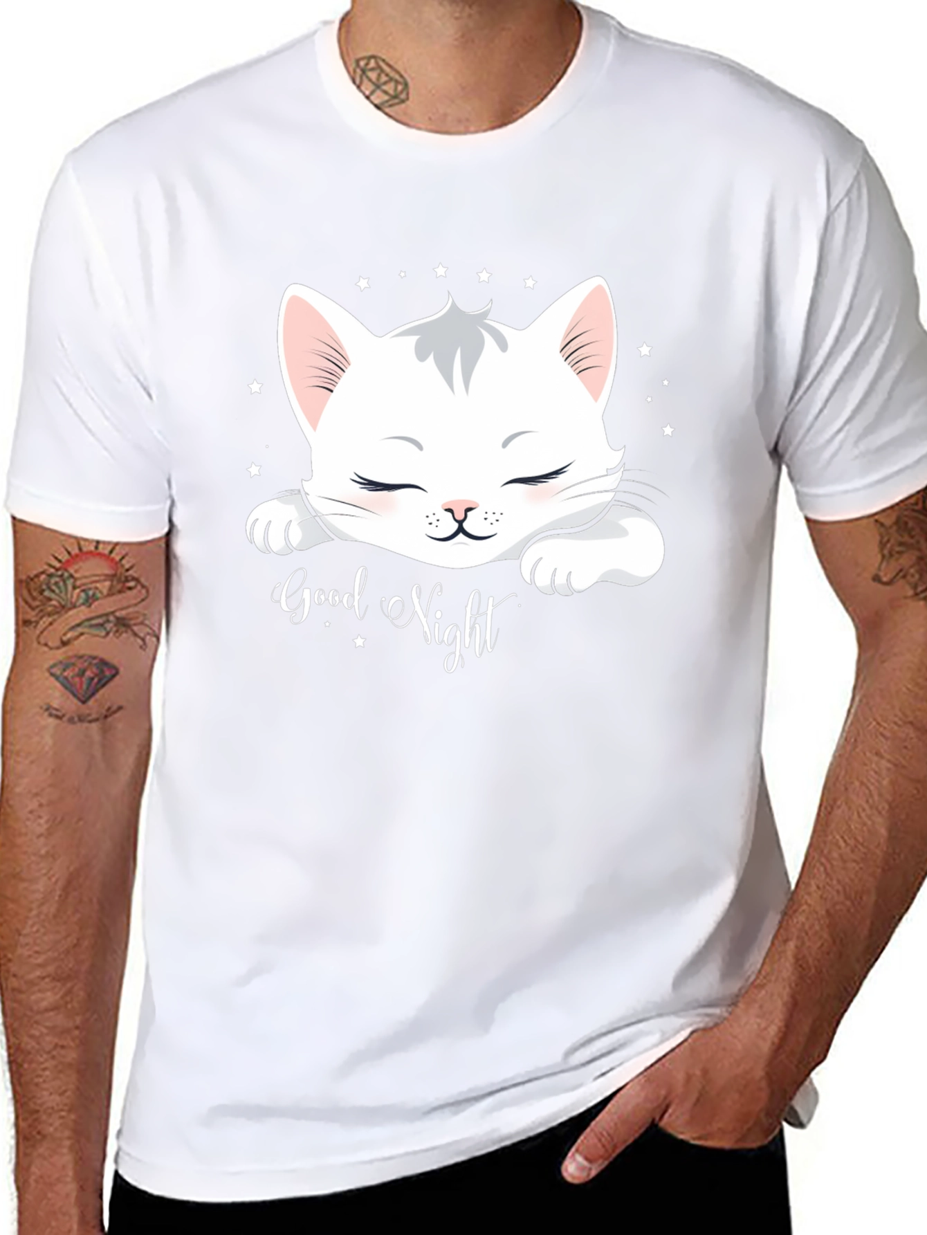 Cute Cat Good Night Black T-Shirt