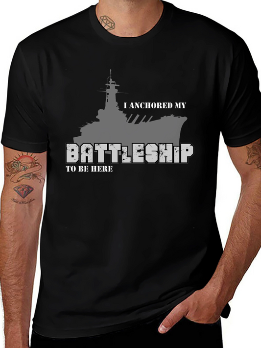 Anchored Battleship Graphic Tee - Black Cotton Shirt