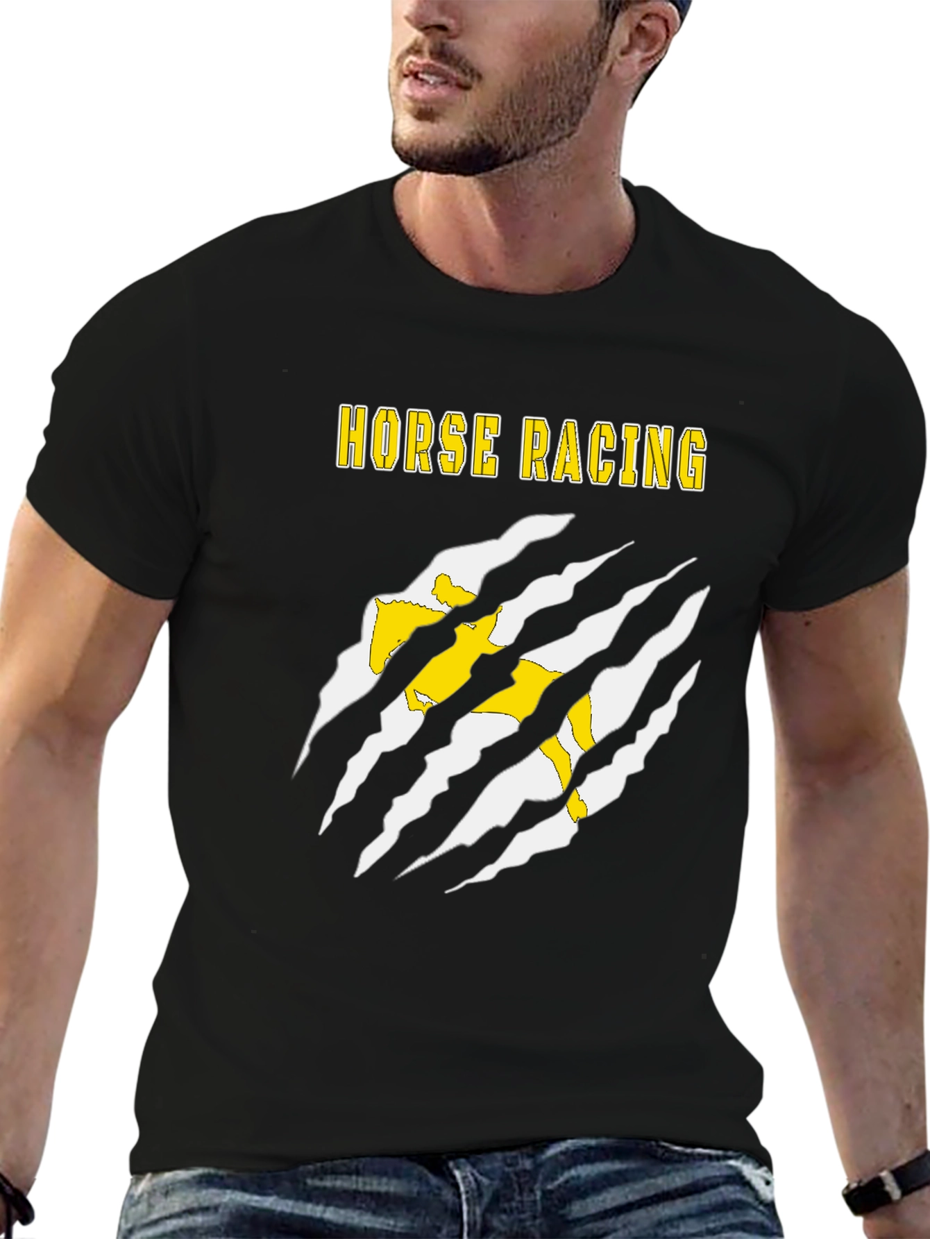 Horse Racing Graphic Tee - Black Cotton T-Shirt