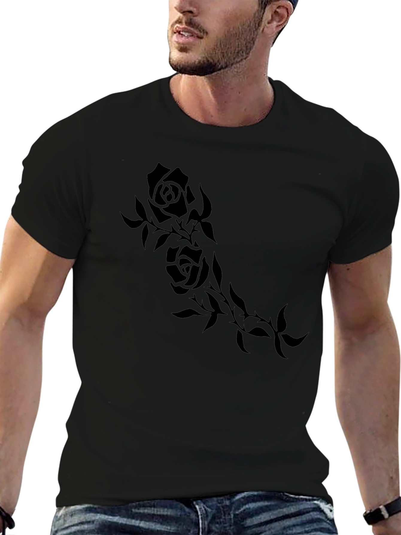 Black Rose Vine Print Mens T-Shirt