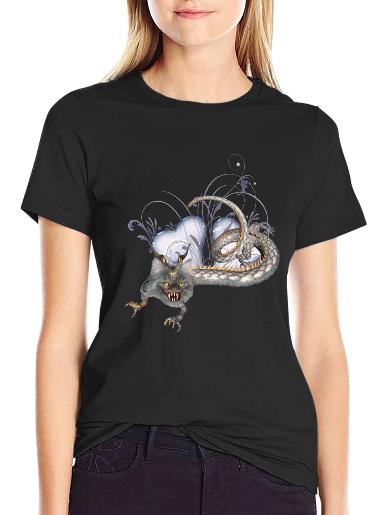 Mens Black T-Shirt with Fantasy Creature Graphic