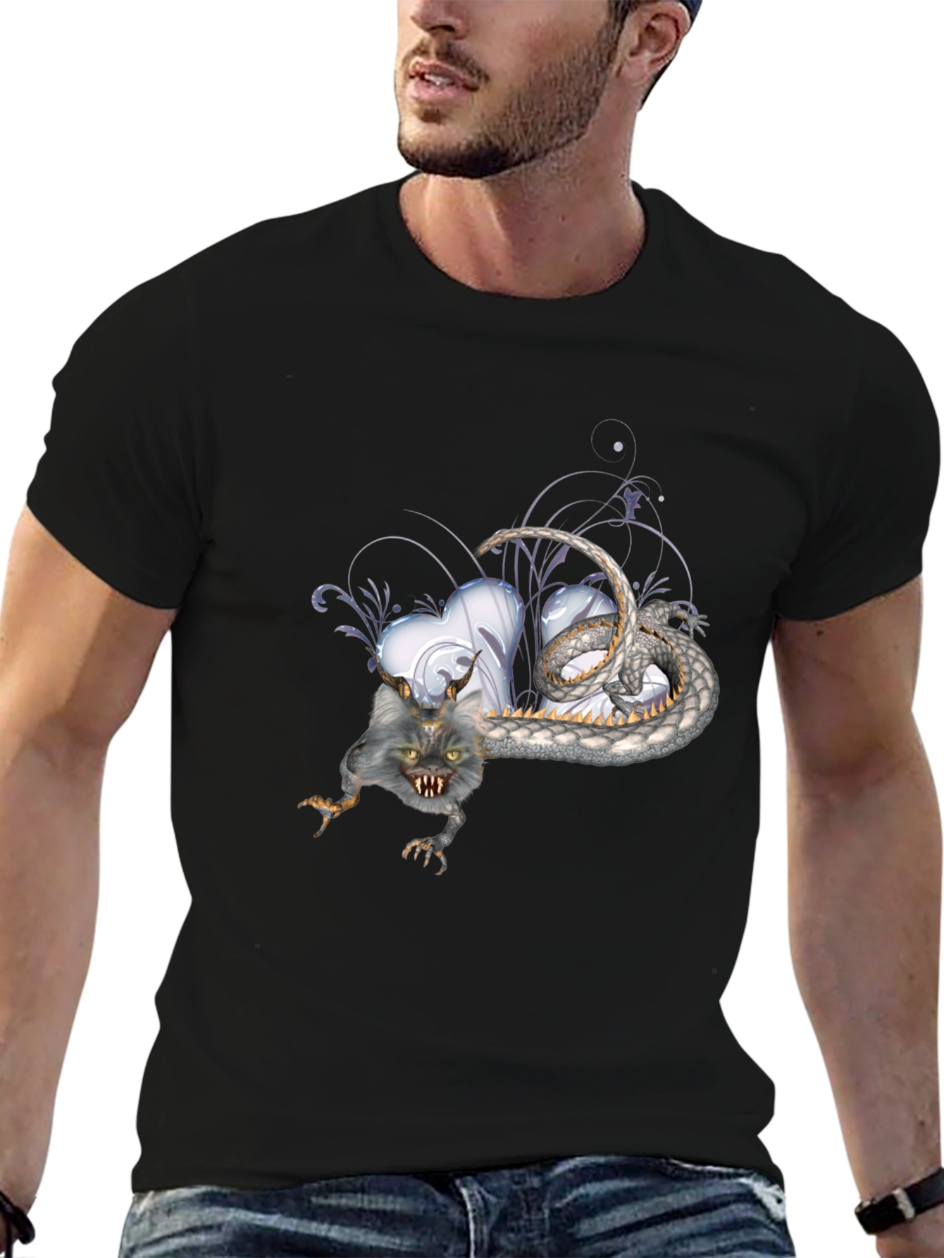 Mens Black T-Shirt with Fantasy Creature Graphic