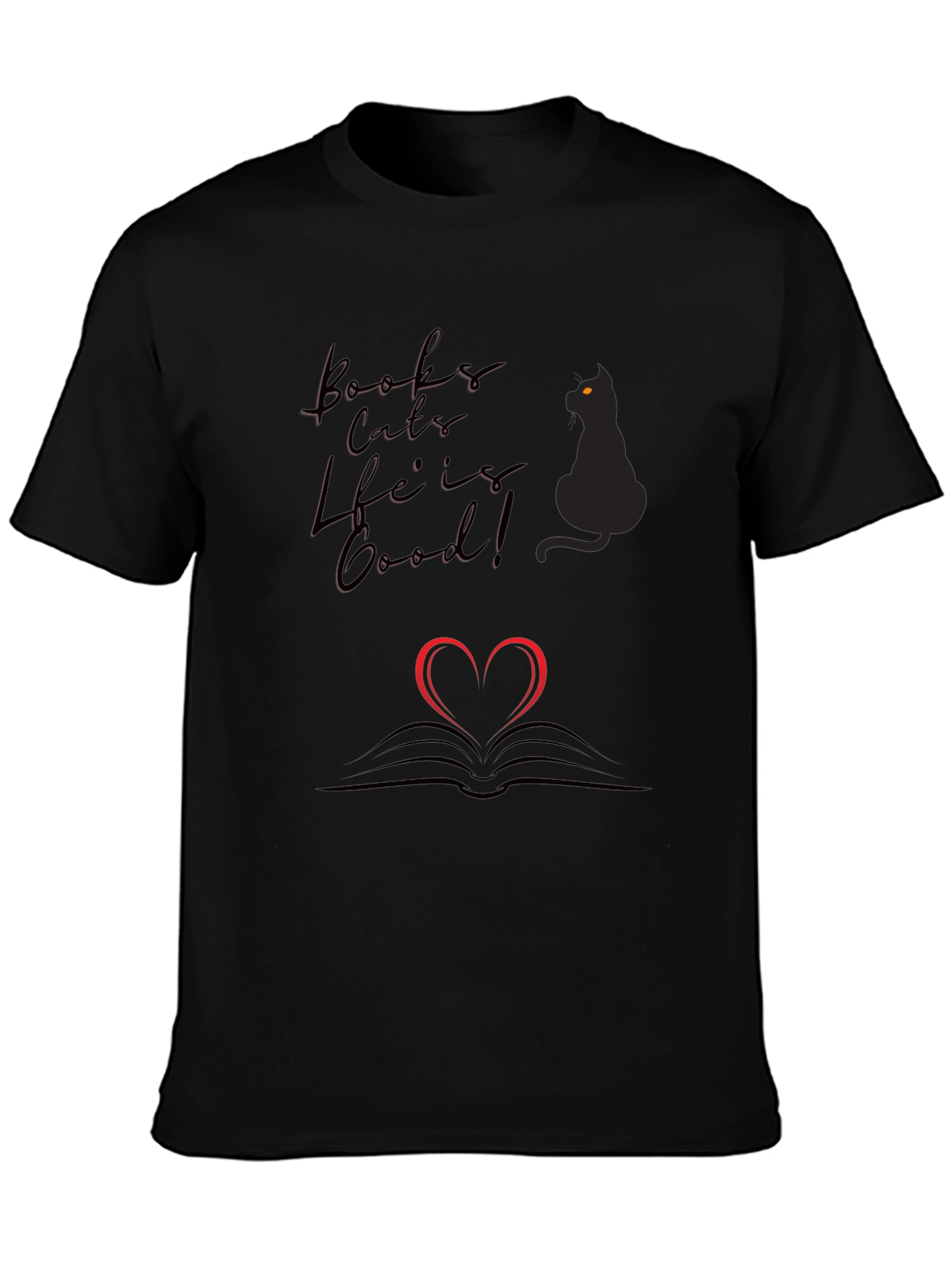 Books Cats Life is Good Black T-Shirt