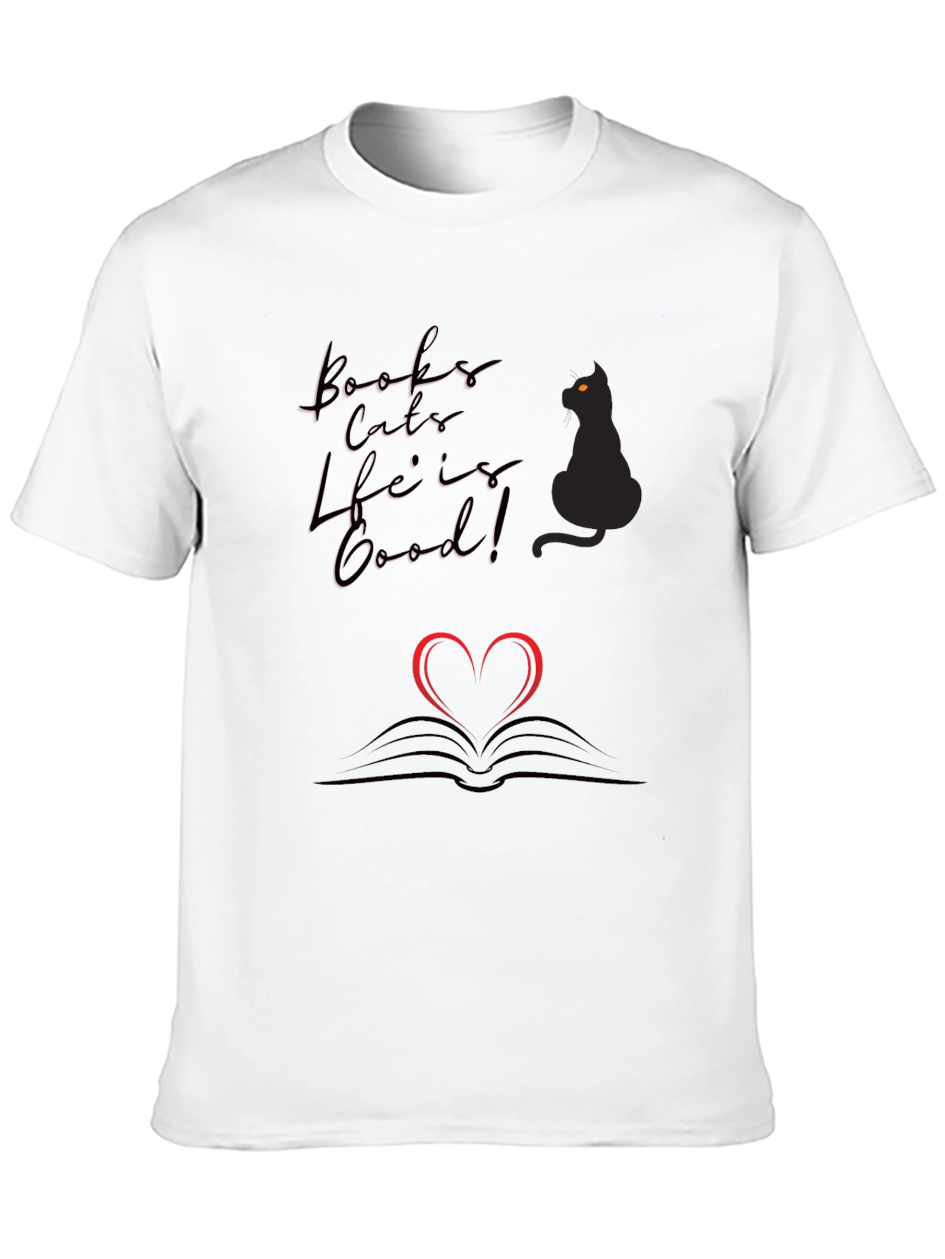 Books Cats Life is Good Black T-Shirt