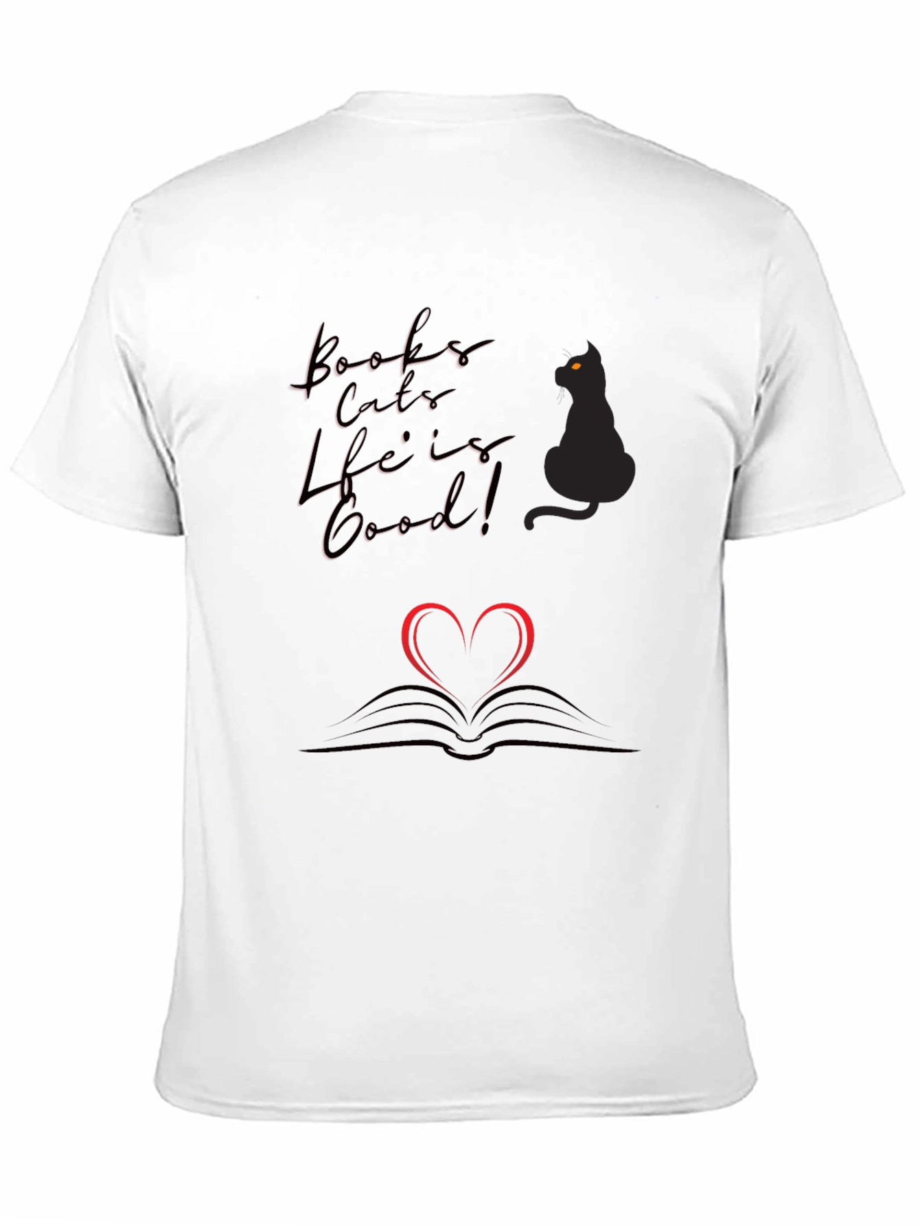 Books Cats Life is Good Black T-Shirt