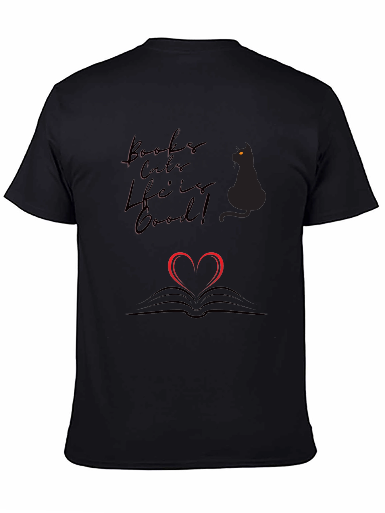 Books Cats Life is Good Black T-Shirt