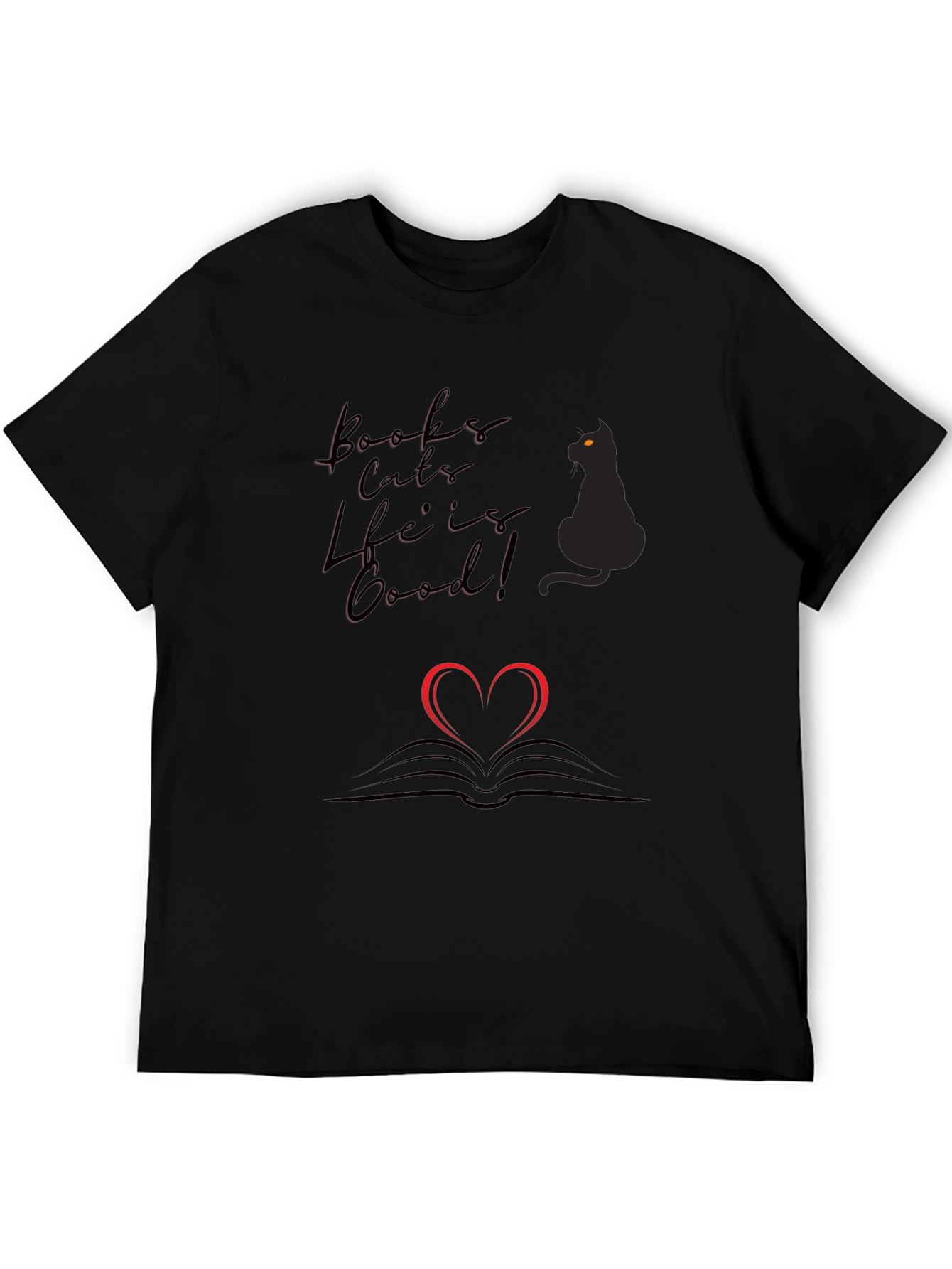 Books Cats Life is Good Black T-Shirt