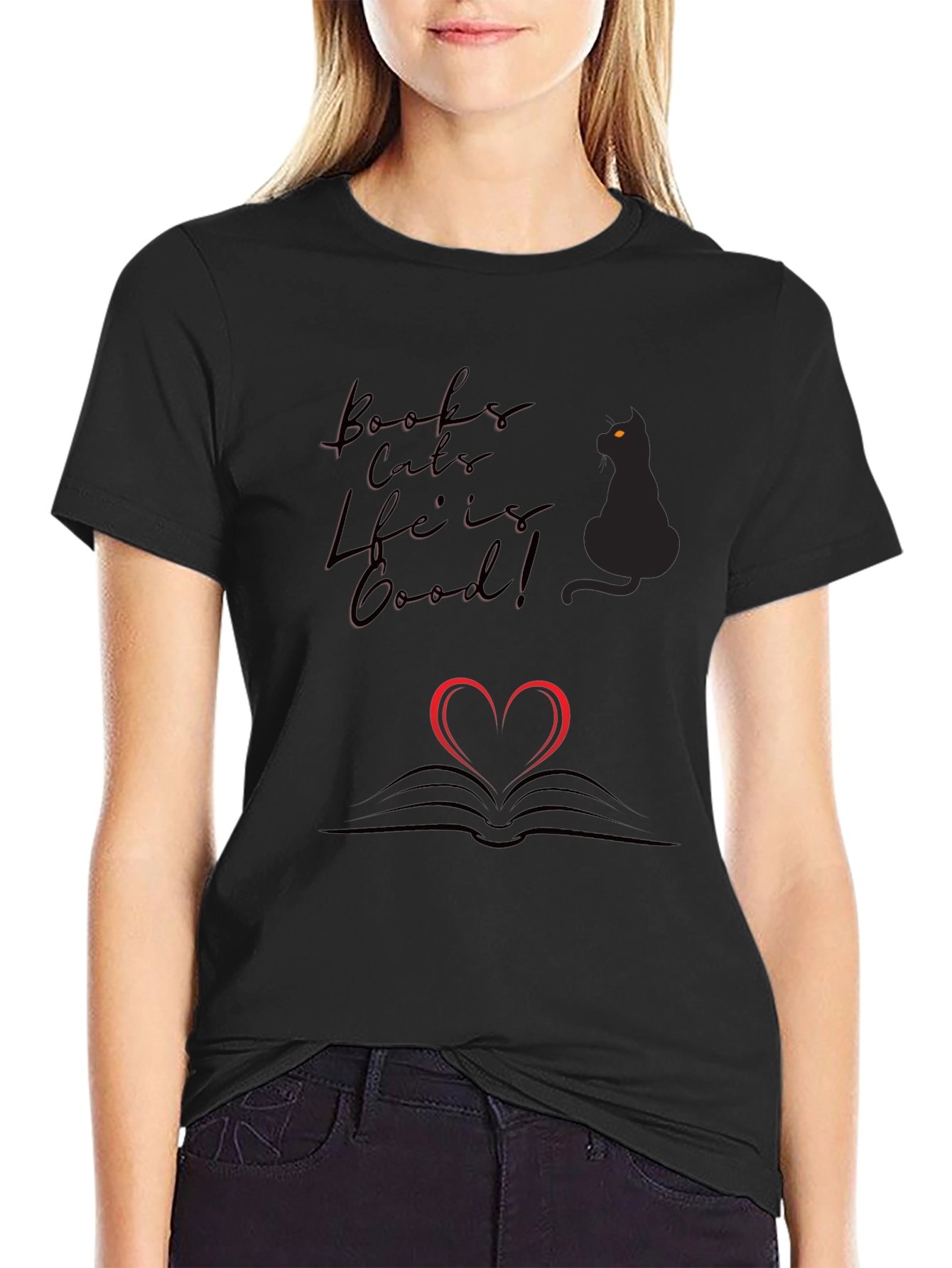 Books Cats Life is Good Black T-Shirt