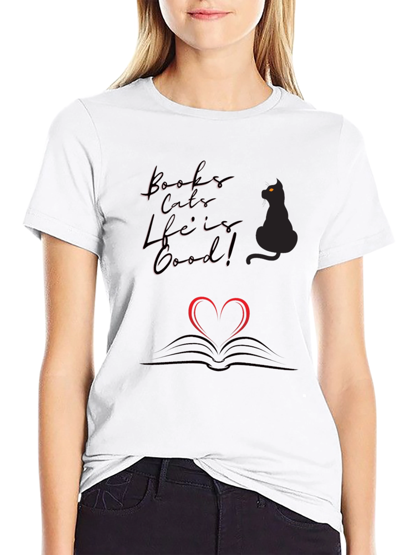Books Cats Life is Good Black T-Shirt