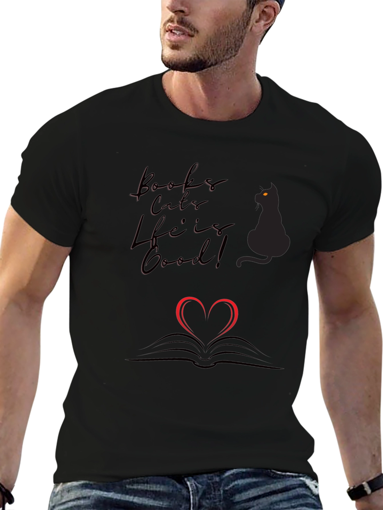 Books Cats Life is Good Black T-Shirt