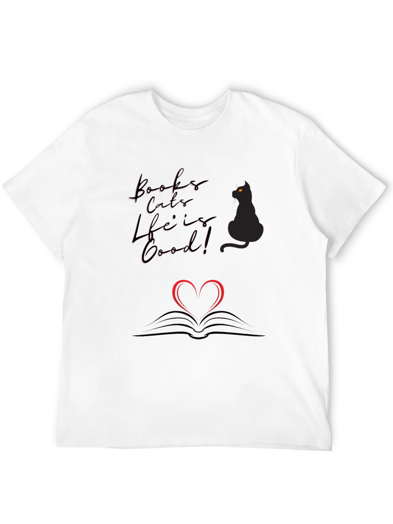 Books Cats Life is Good Black T-Shirt