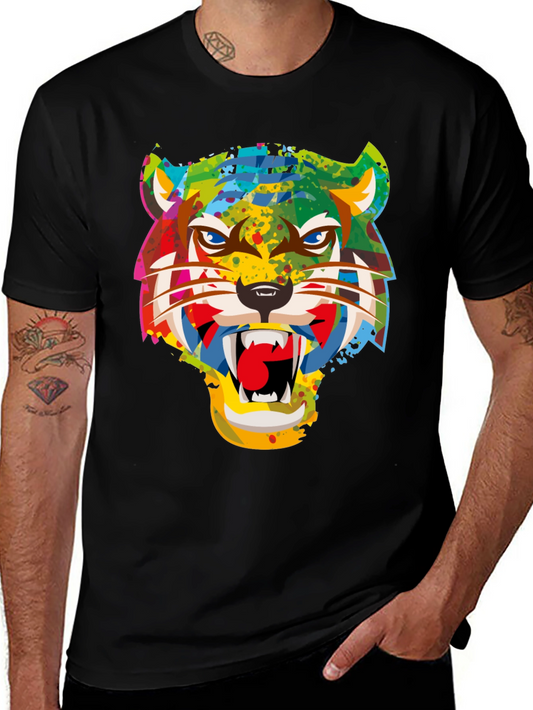 Colorful Tiger Graphic Print Black T-Shirt