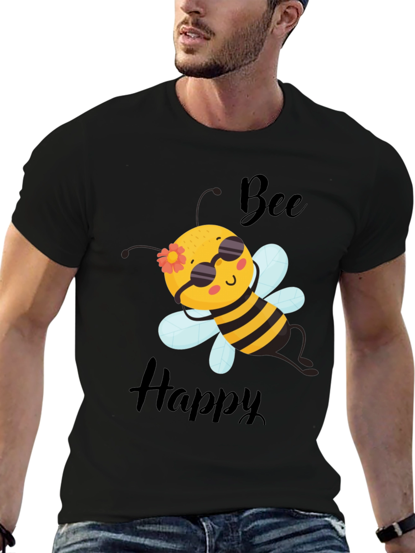 Bee Happy Graphic T-Shirt - Black Cotton Tee