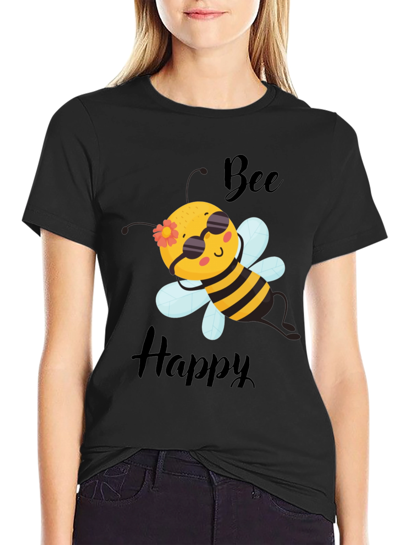 Bee Happy Graphic T-Shirt - Black Cotton Tee