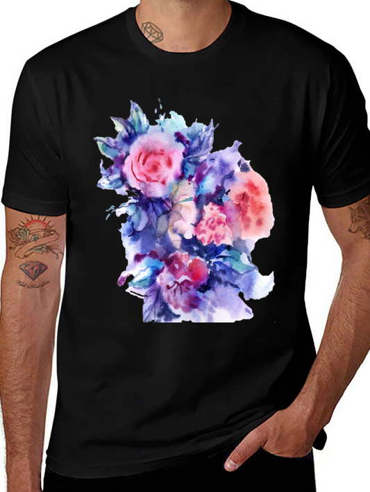 Floral Watercolor Print Black T-Shirt